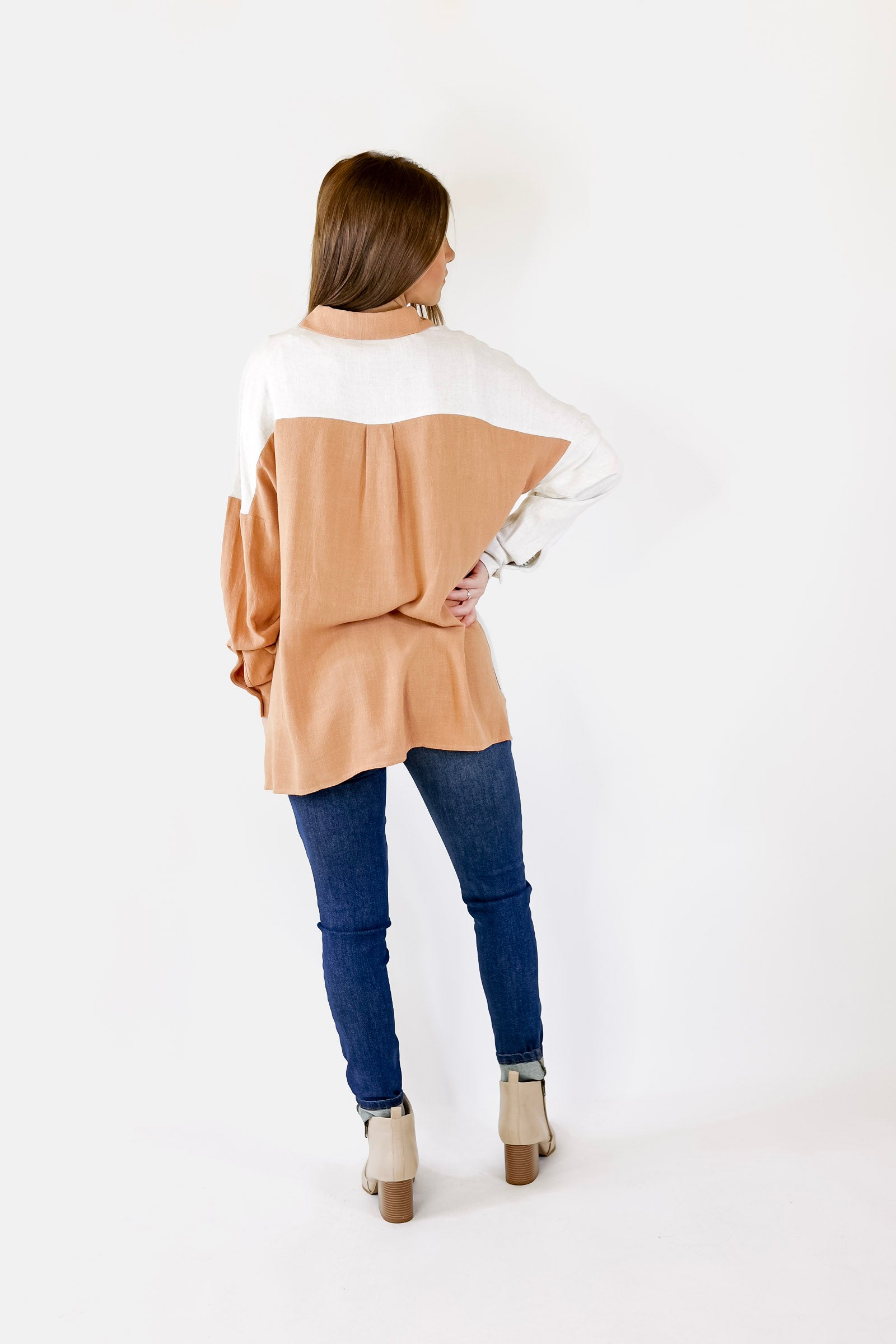 Follow Me Long Sleeve Button Up Color Block Top in Terracotta - Giddy Up Glamour Boutique
