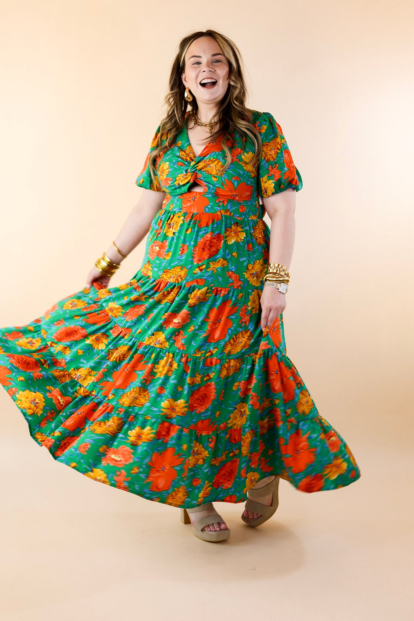 Botanical Bliss Floral Tiered Maxi Dress in Green - Giddy Up Glamour Boutique
