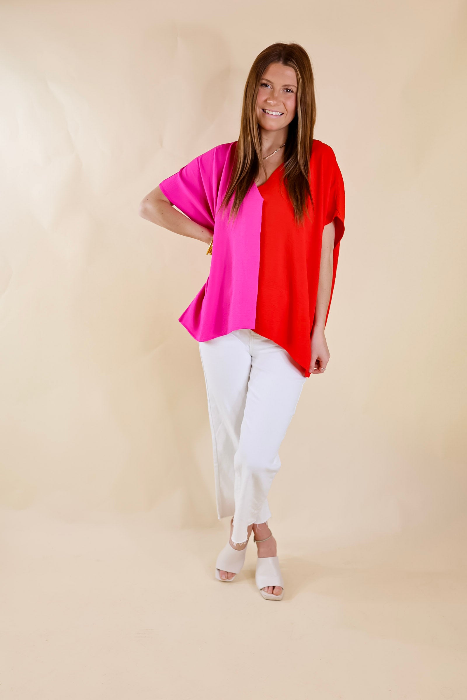 Weekend Out V Neck Placket Color Block Short Sleeve Top in Red and Pink - Giddy Up Glamour Boutique