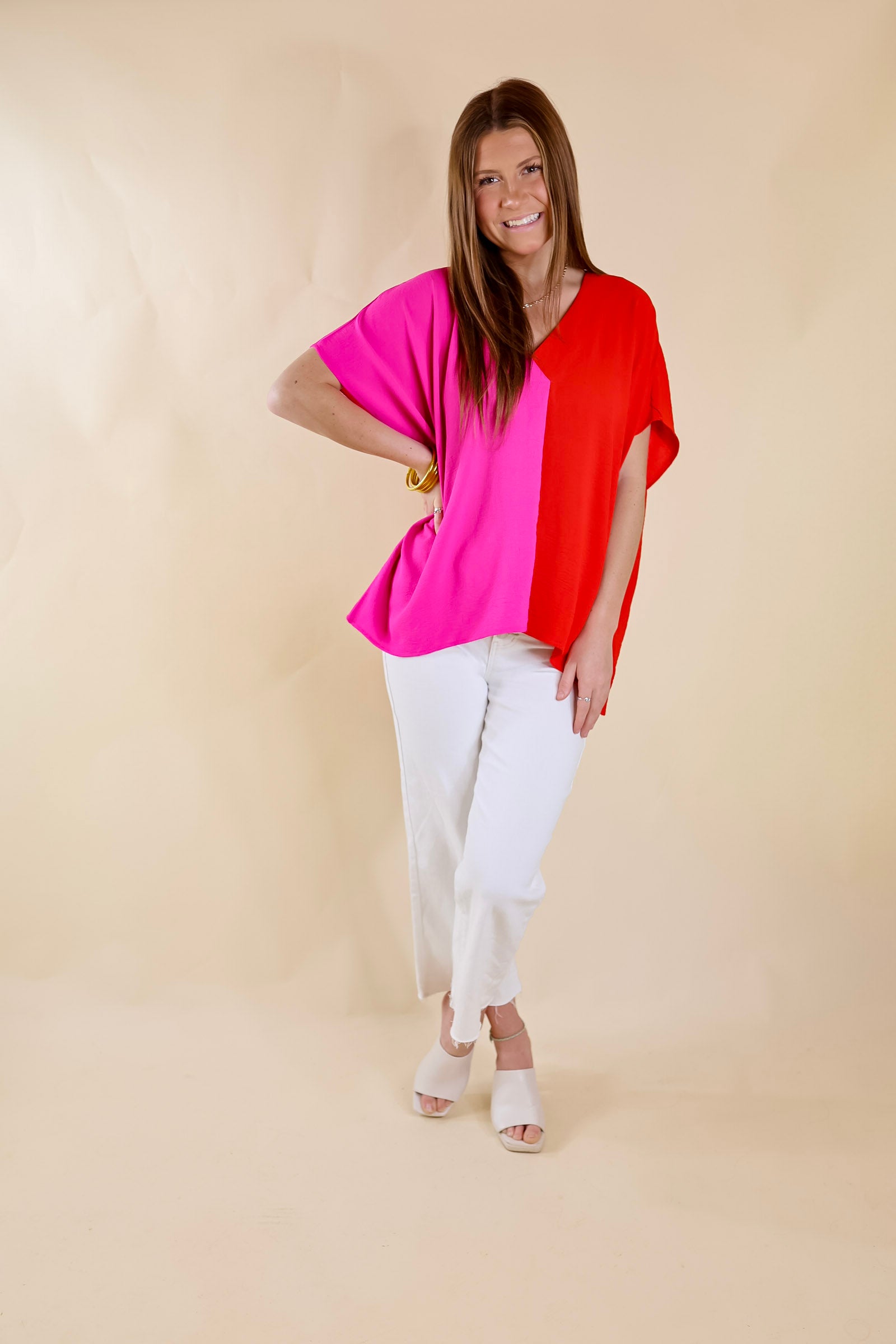 Weekend Out V Neck Placket Color Block Short Sleeve Top in Red and Pink - Giddy Up Glamour Boutique