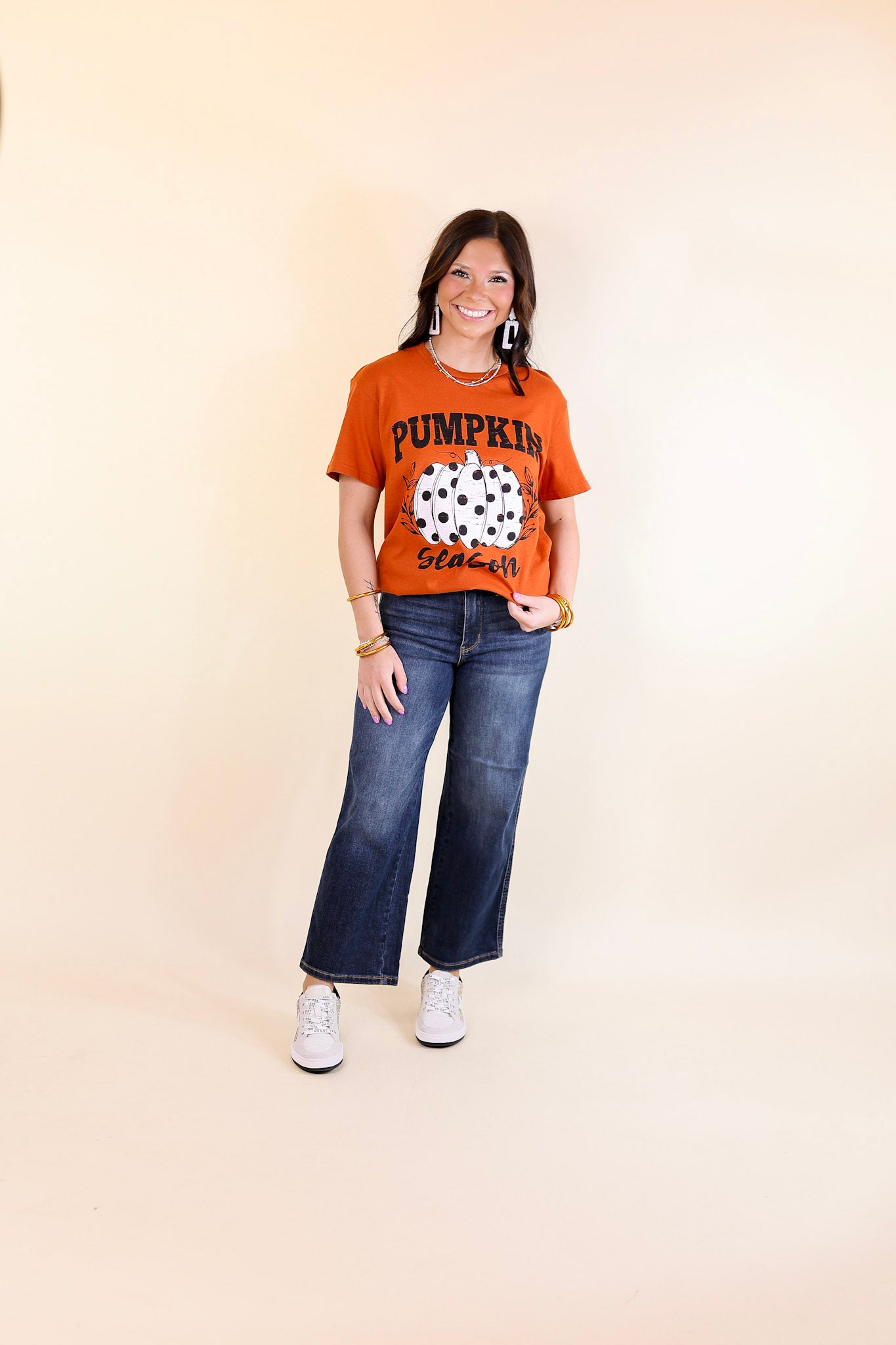 Polka Dot Pumpkin Season Short Sleeve Graphic Tee in Burnt Orange