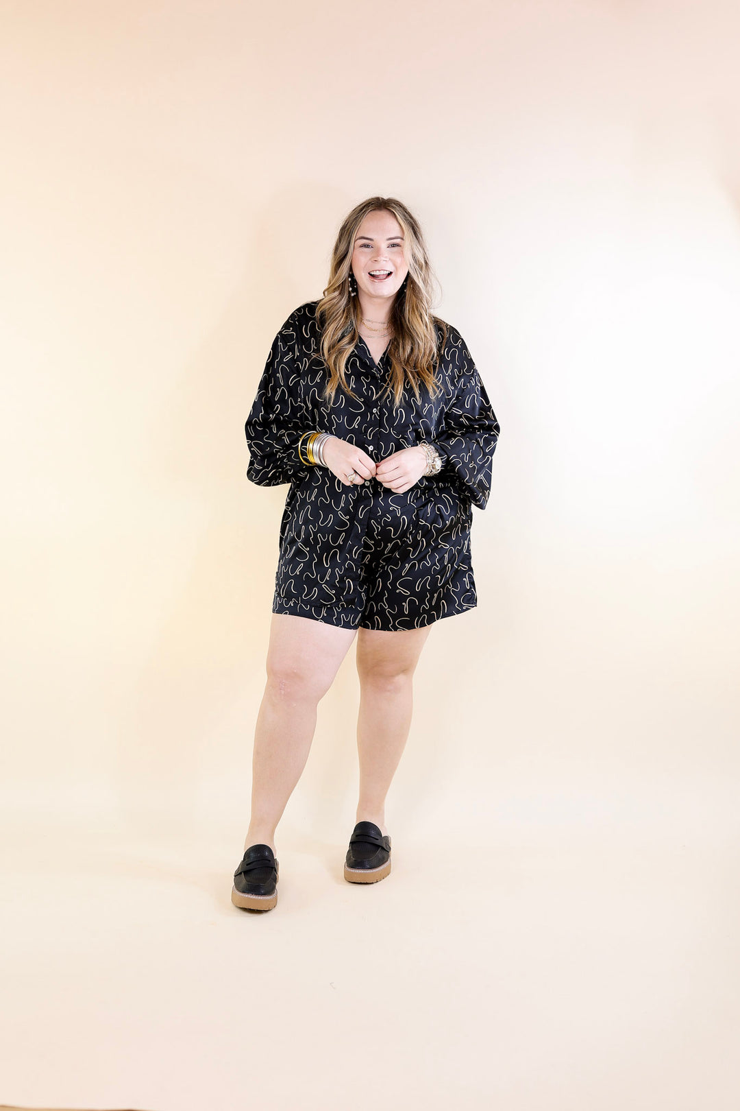 Endlessly Obsessed Satin Swirl Print Shorts in Black