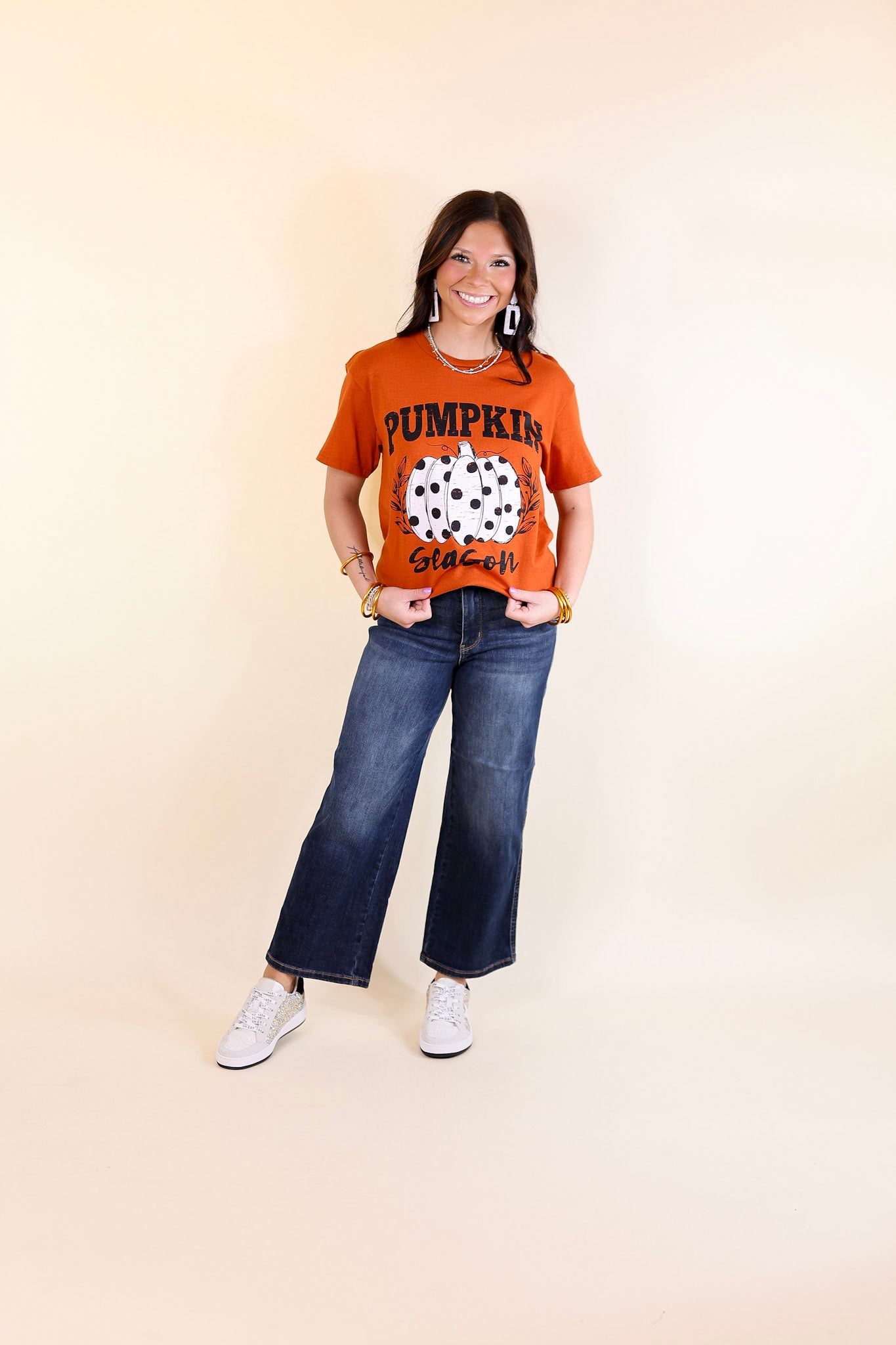 Polka Dot Pumpkin Season Short Sleeve Graphic Tee in Burnt Orange