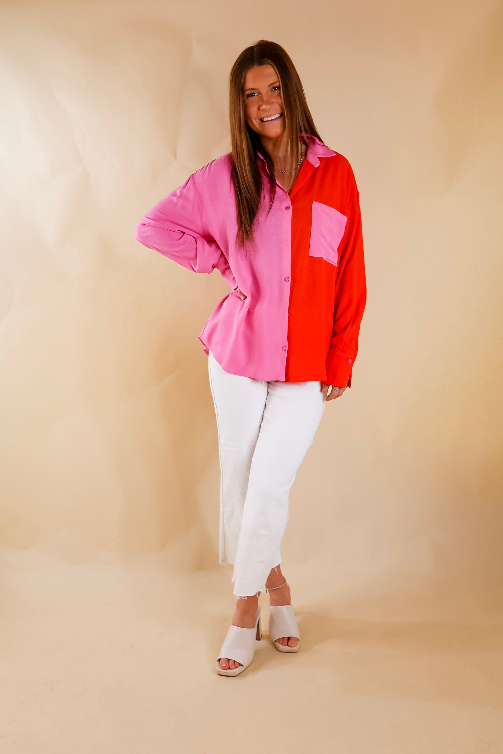 Play It Up Color Block Button Up Top in Pink and Red - Giddy Up Glamour Boutique