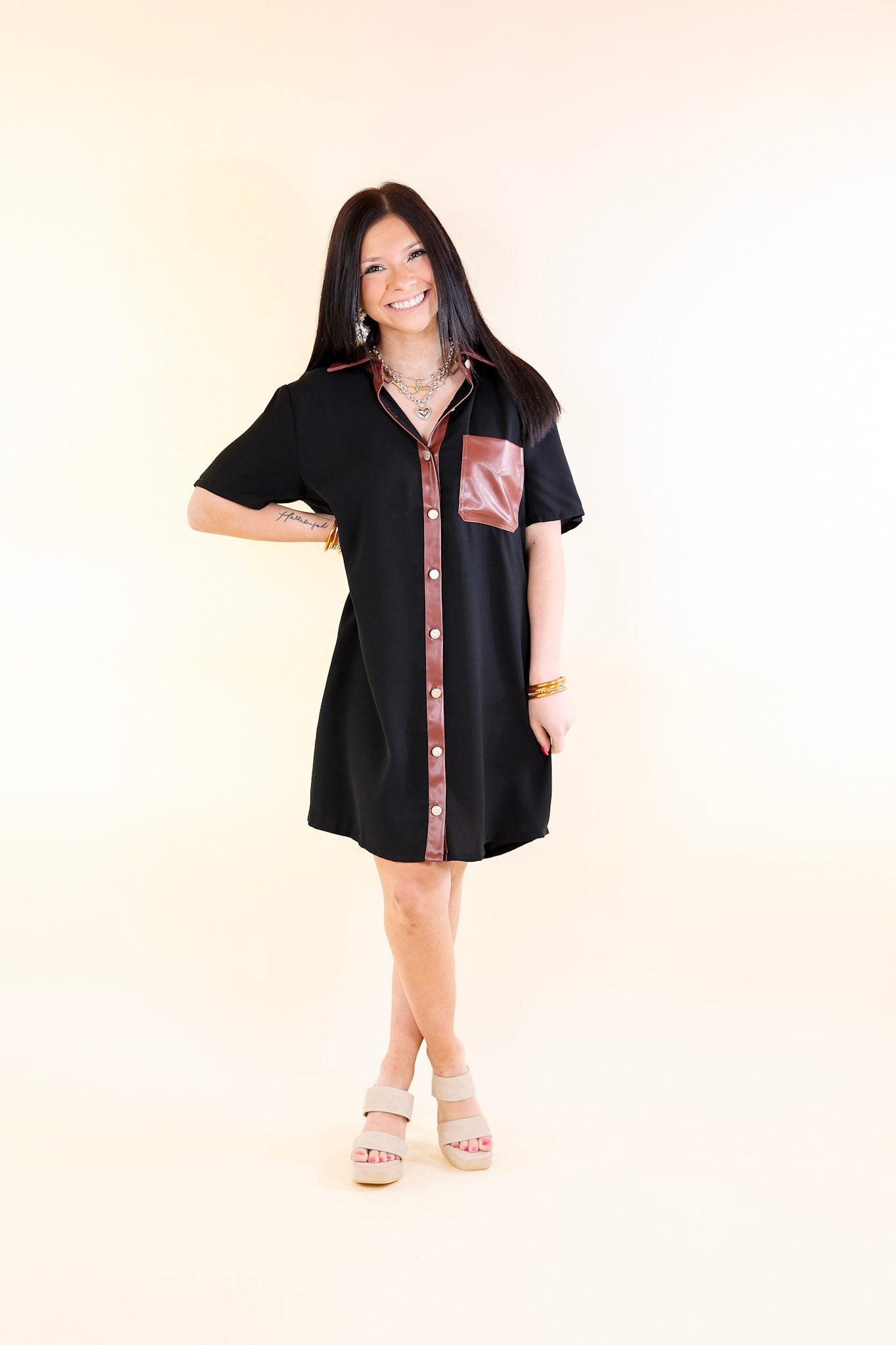 Put Your Records On Button Up Faux Leather Trim Dress in Black