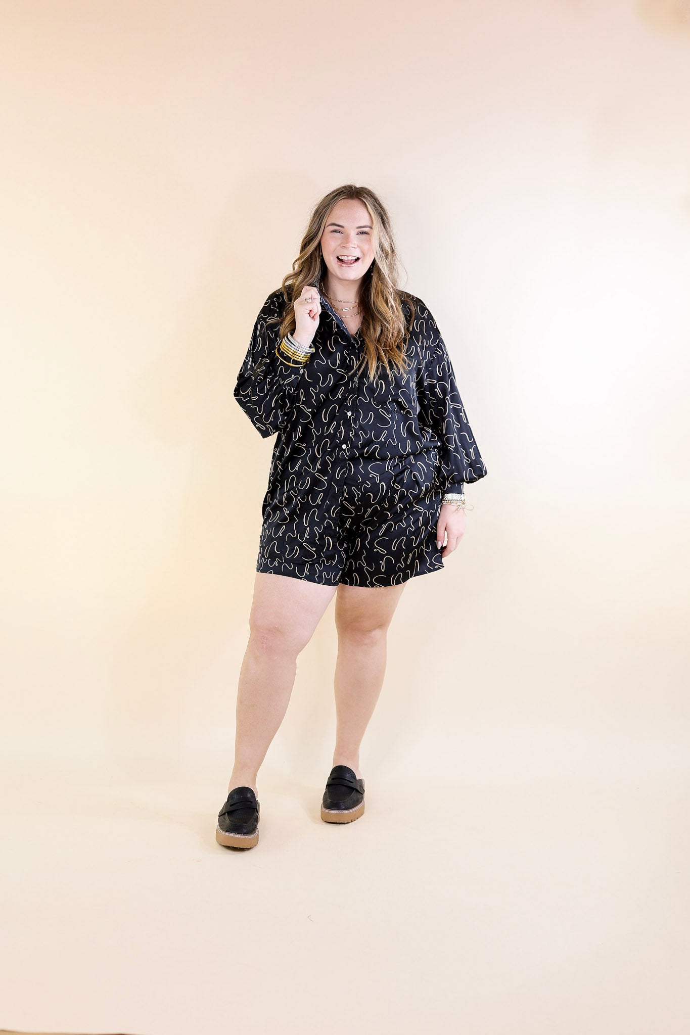 Endlessly Obsessed Satin Button Up Swirl Print Top in Black