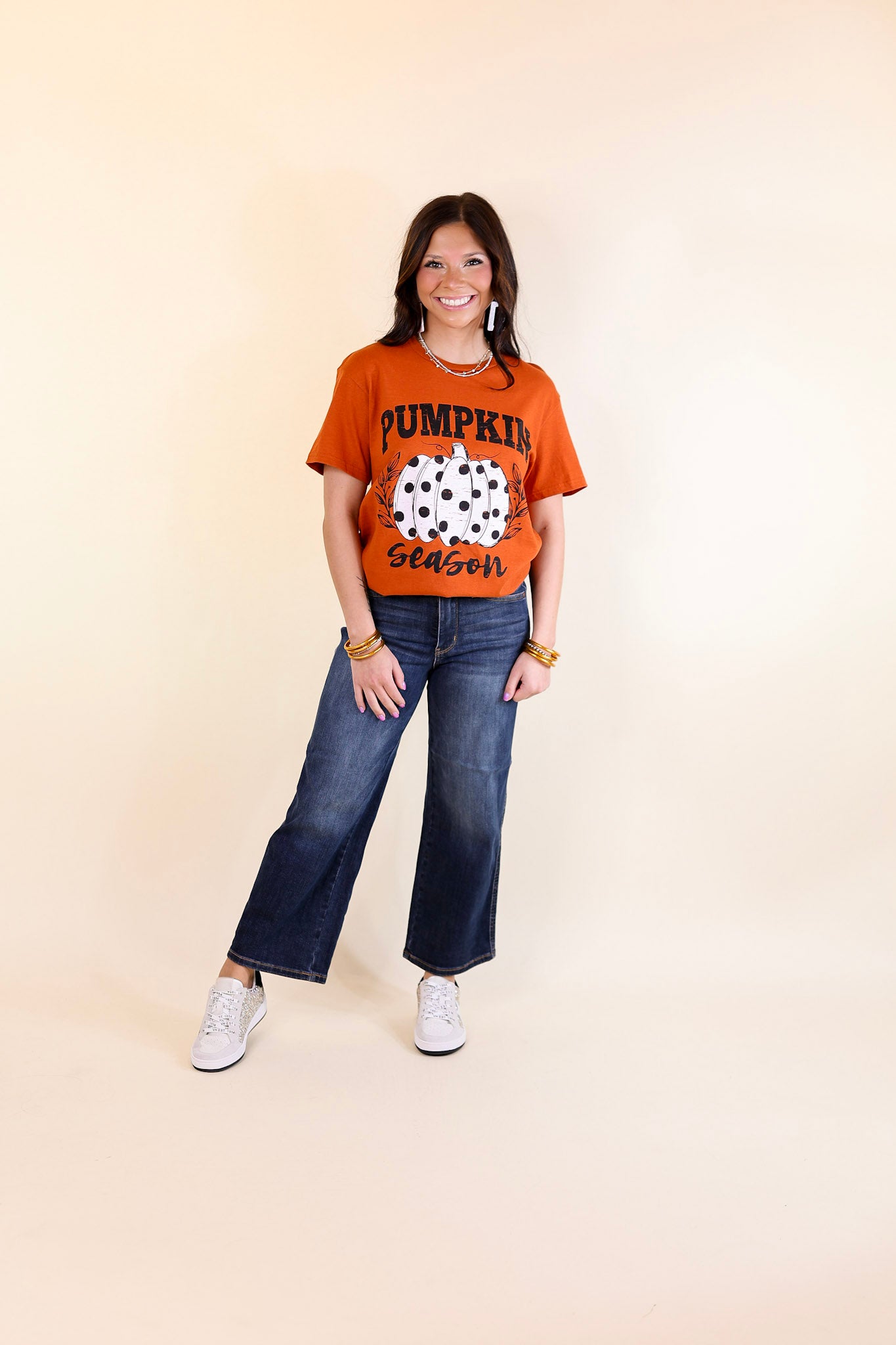 Polka Dot Pumpkin Season Short Sleeve Graphic Tee in Burnt Orange