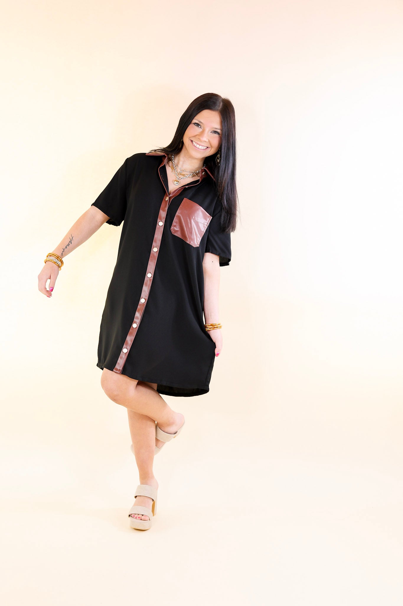 Put Your Records On Button Up Faux Leather Trim Dress in Black