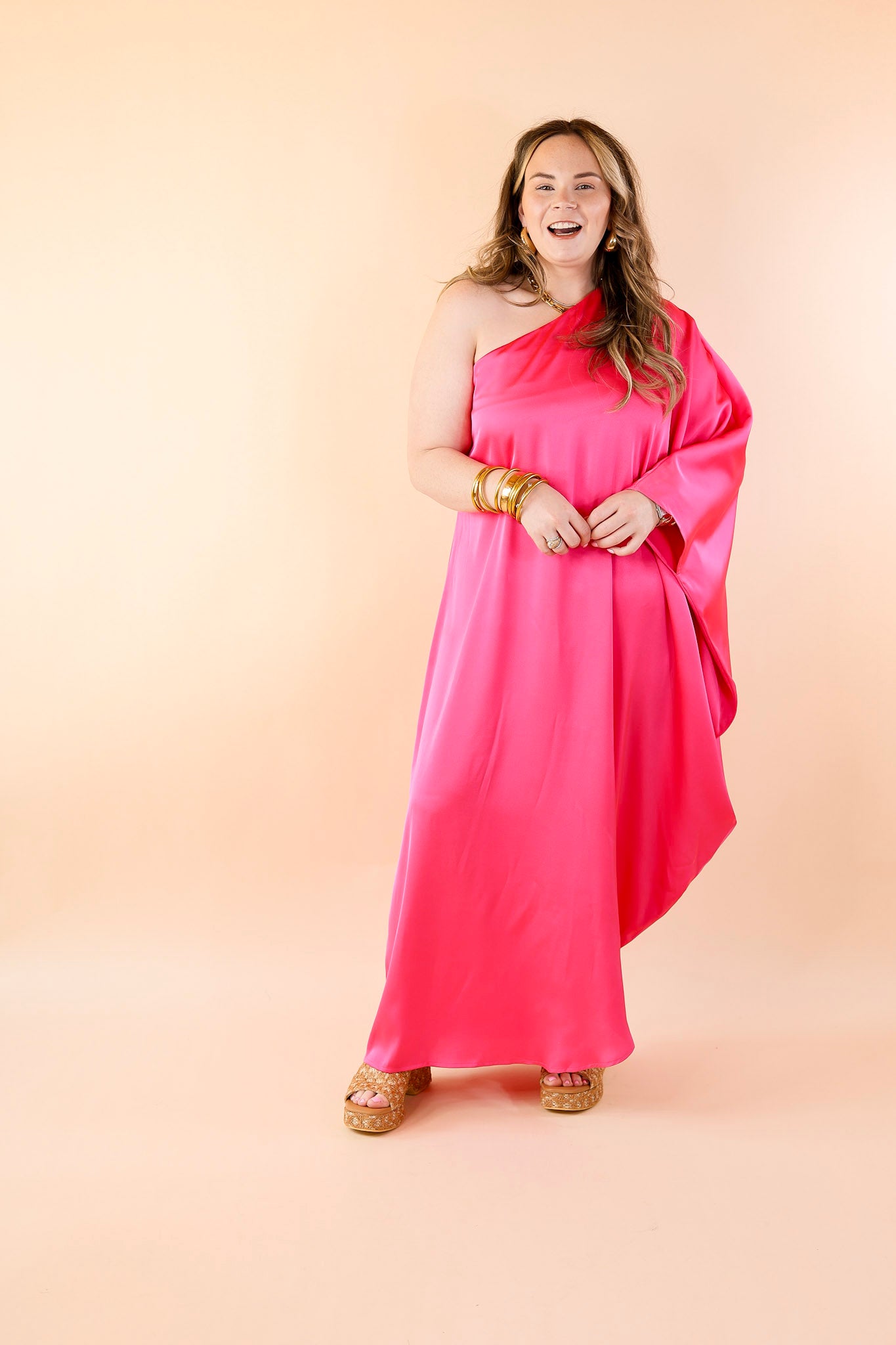 Sweet Romance One Shoulder Satin Drape Midi Dress in Hot Pink - Giddy Up Glamour Boutique