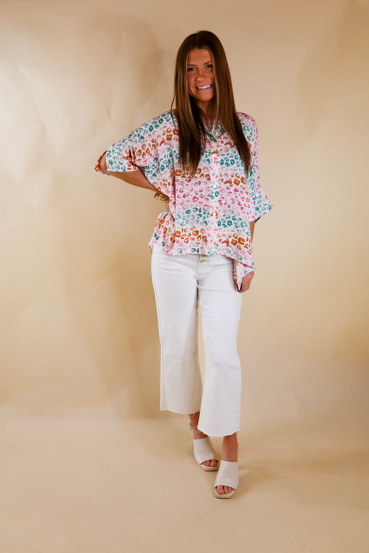 Hotter Than Ever Leopard Print Button Up Top with Short Sleeves in Pink Mix - Giddy Up Glamour Boutique