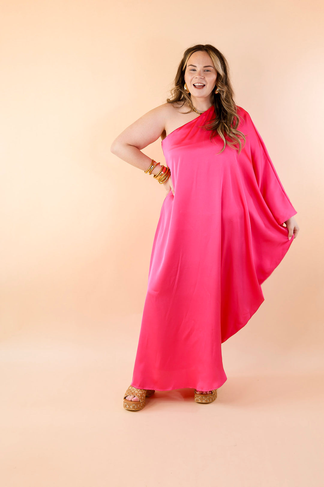 Sweet Romance One Shoulder Satin Drape Midi Dress in Hot Pink - Giddy Up Glamour Boutique