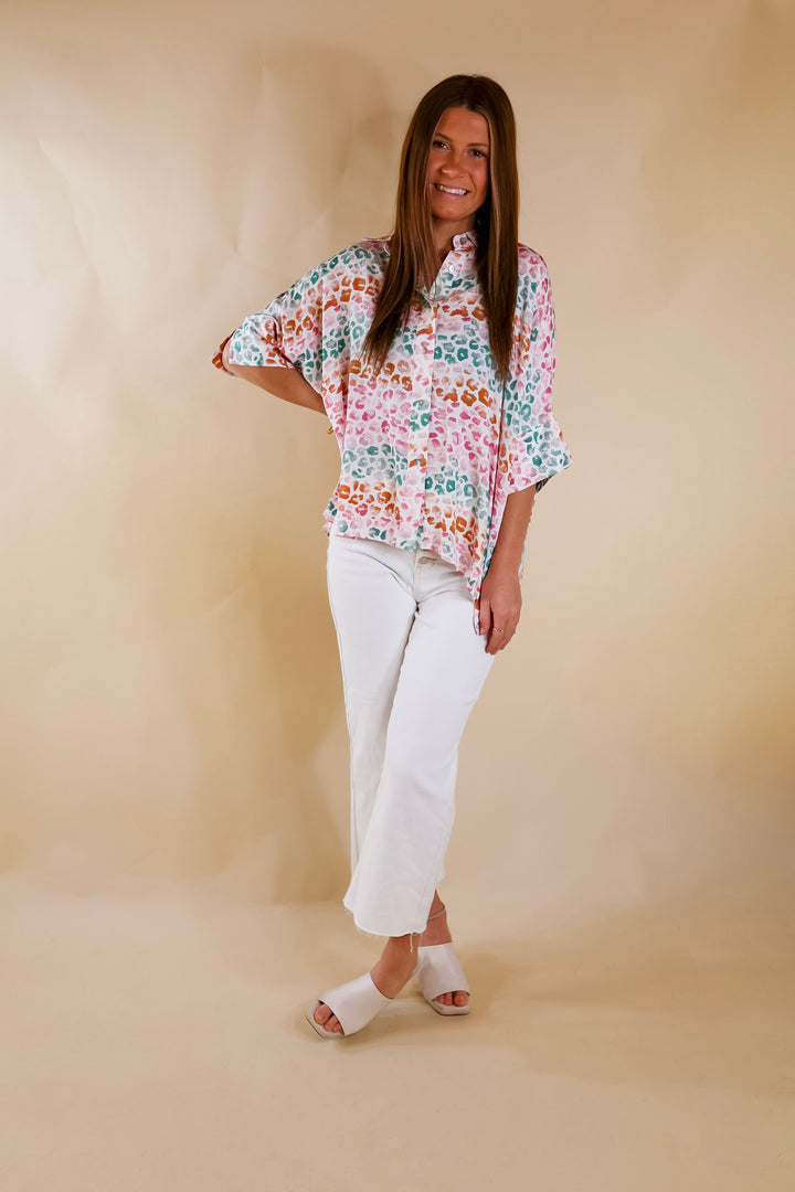 Hotter Than Ever Leopard Print Button Up Top with Short Sleeves in Pink Mix - Giddy Up Glamour Boutique