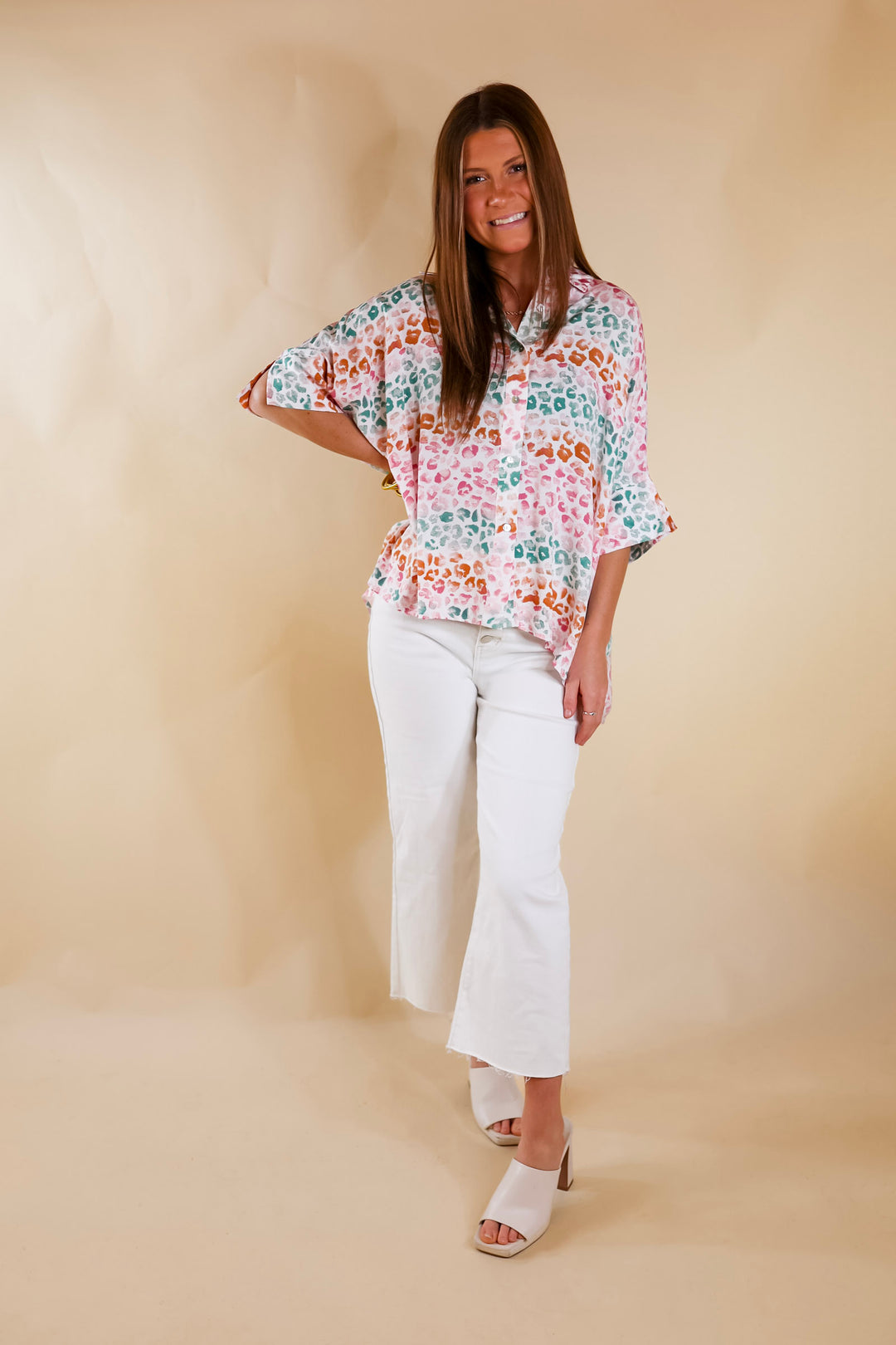 Hotter Than Ever Leopard Print Button Up Top with Short Sleeves in Pink Mix - Giddy Up Glamour Boutique