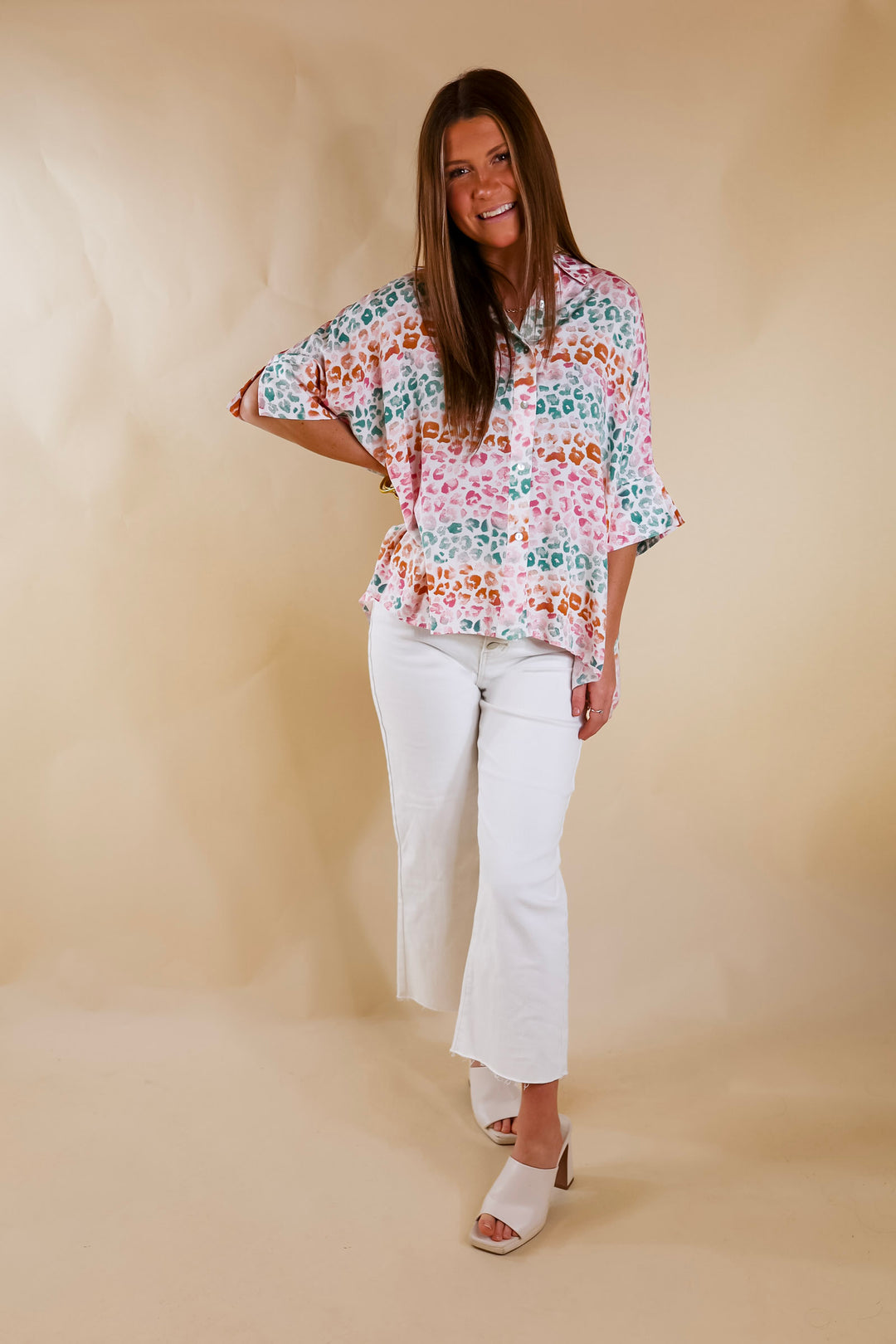 Hotter Than Ever Leopard Print Button Up Top with Short Sleeves in Pink Mix - Giddy Up Glamour Boutique