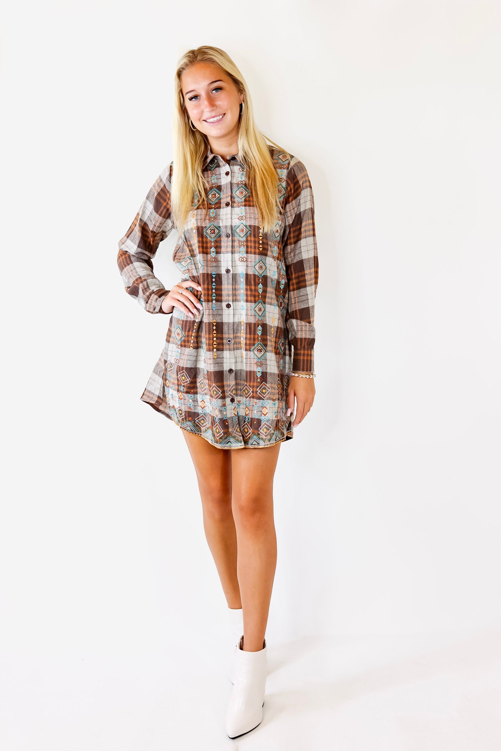 Loving In Layers Tribal Embroidered Plaid Button Up Dress in Brown Mix - Giddy Up Glamour Boutique