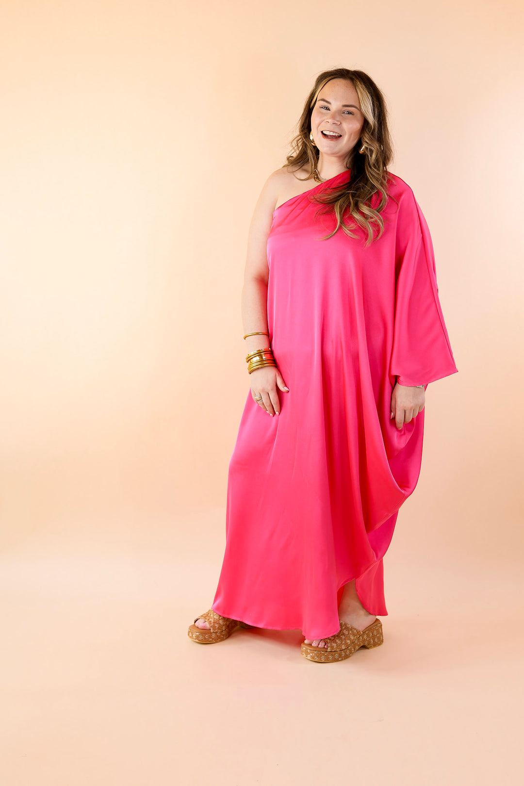 Sweet Romance One Shoulder Satin Drape Midi Dress in Hot Pink - Giddy Up Glamour Boutique