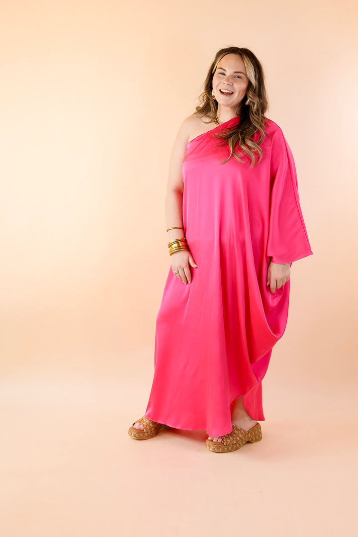 Sweet Romance One Shoulder Satin Drape Midi Dress in Hot Pink - Giddy Up Glamour Boutique
