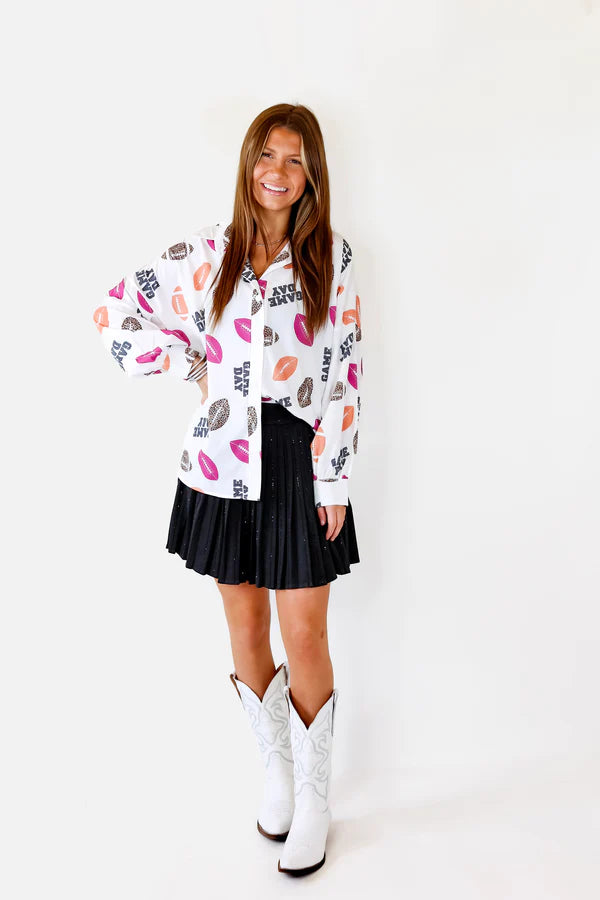 The Gameday Way Button Up Football Print Top in White - Giddy Up Glamour Boutique
