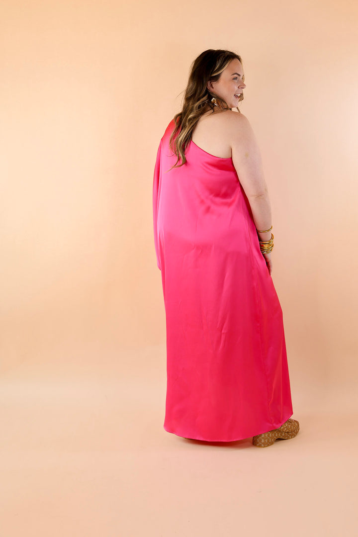 Sweet Romance One Shoulder Satin Drape Midi Dress in Hot Pink - Giddy Up Glamour Boutique
