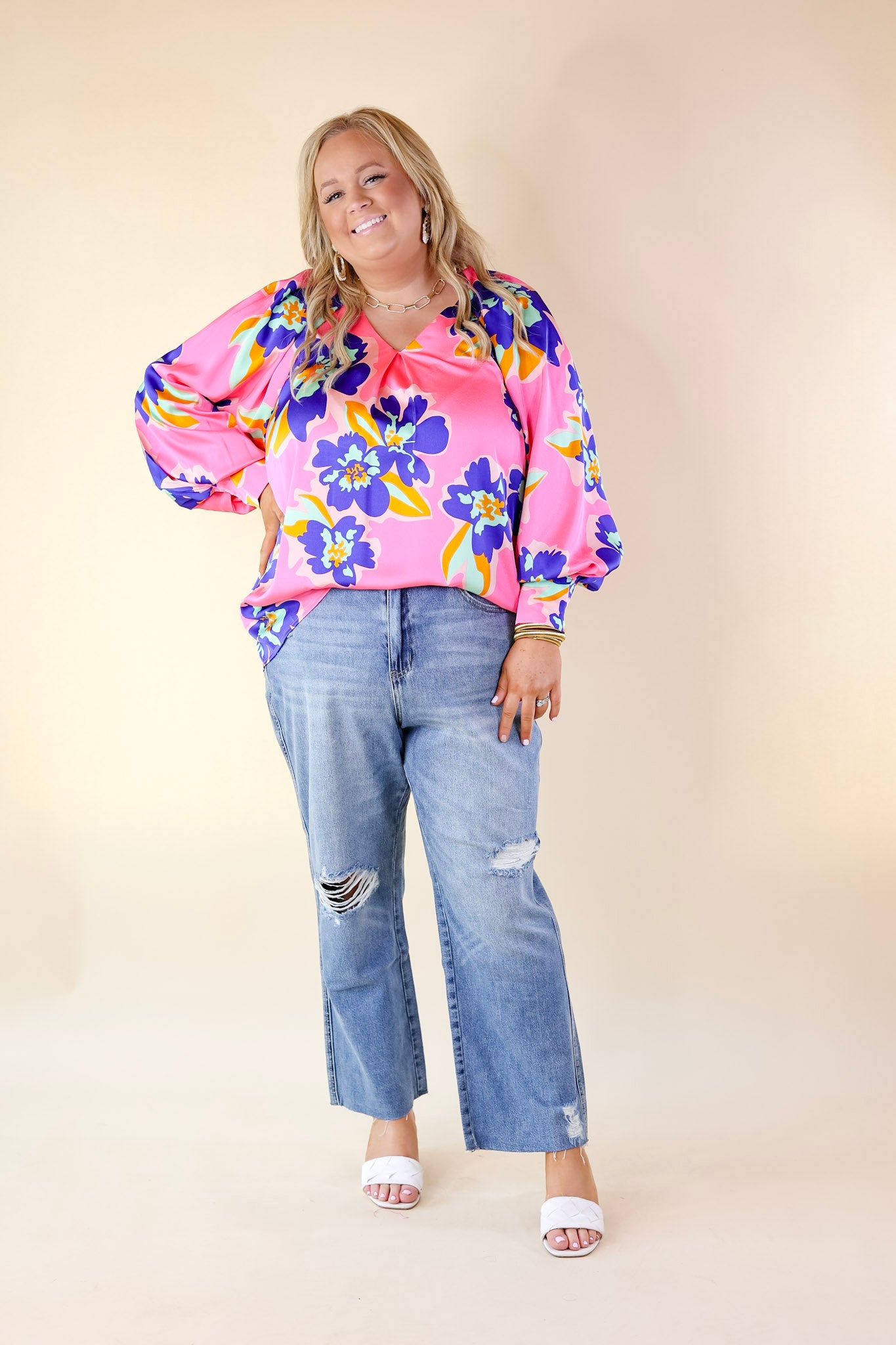 Peony Path Long Sleeve Floral Top with V Neckline in Pink - Giddy Up Glamour Boutique