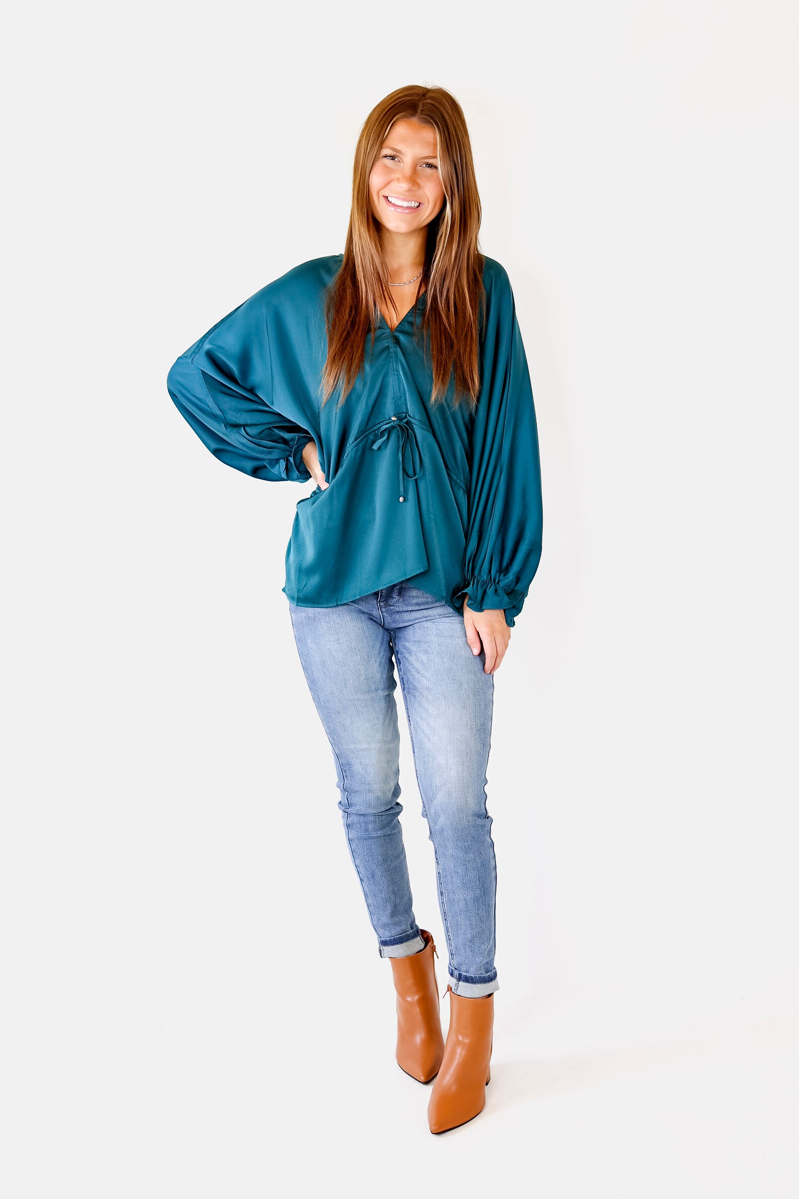 Stating Facts Satin Top with Drawstring Waist in Teal - Giddy Up Glamour Boutique