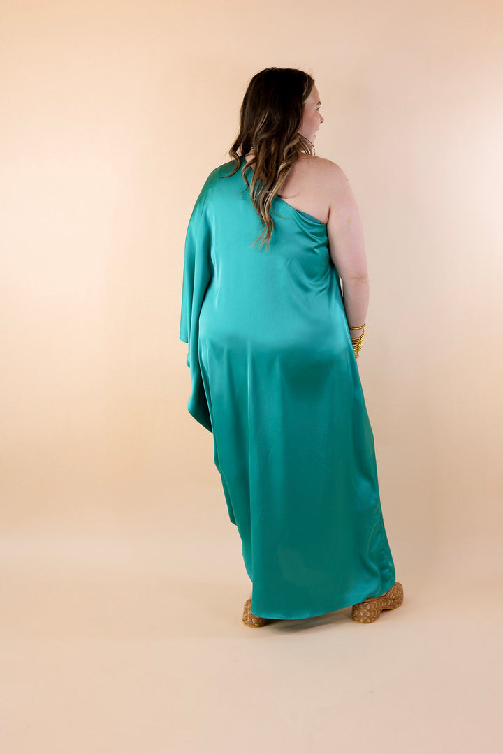 Sweet Romance One Shoulder Satin Drape Midi Dress in Turquoise - Giddy Up Glamour Boutique