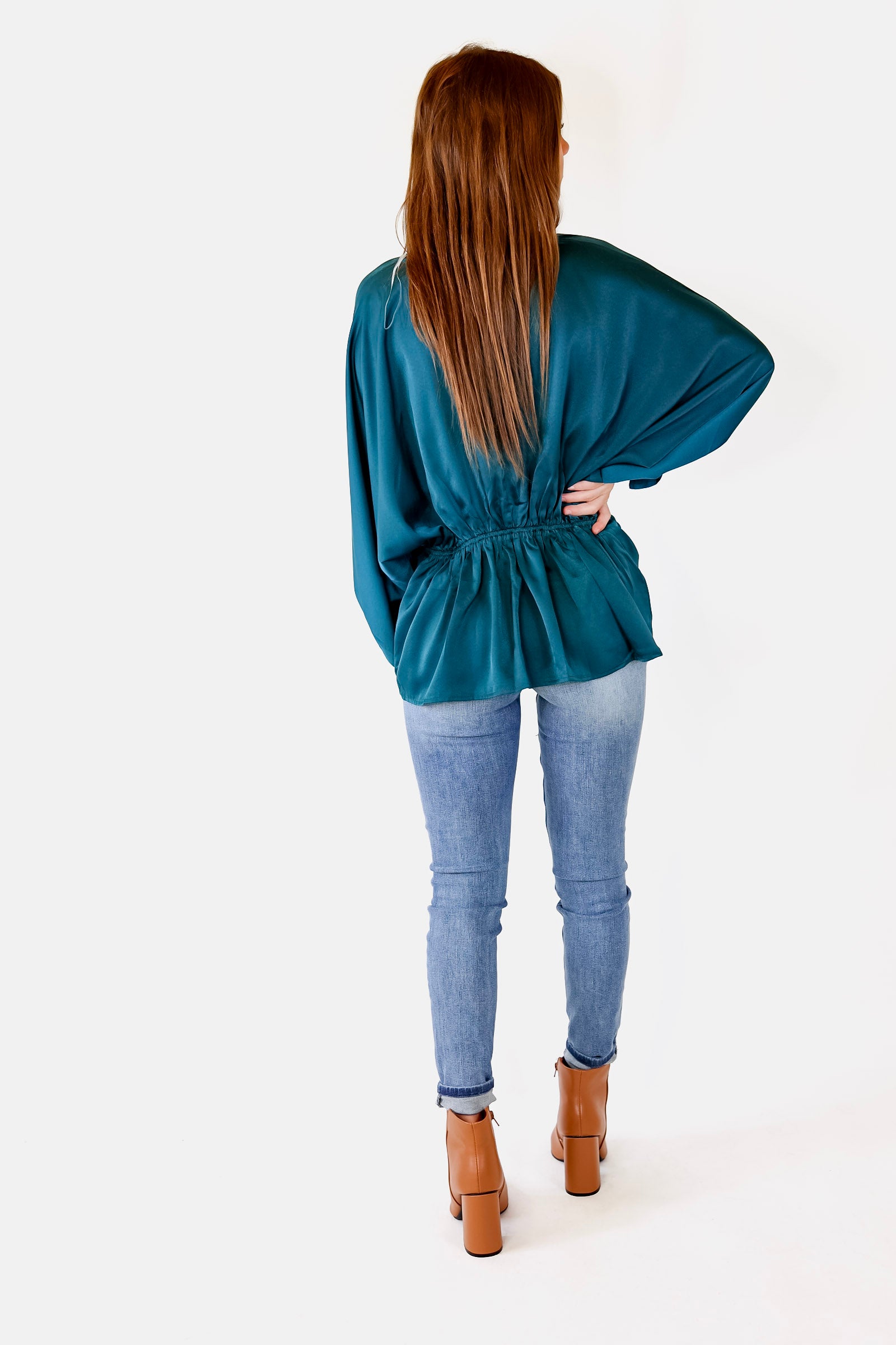 Stating Facts Satin Top with Drawstring Waist in Teal - Giddy Up Glamour Boutique