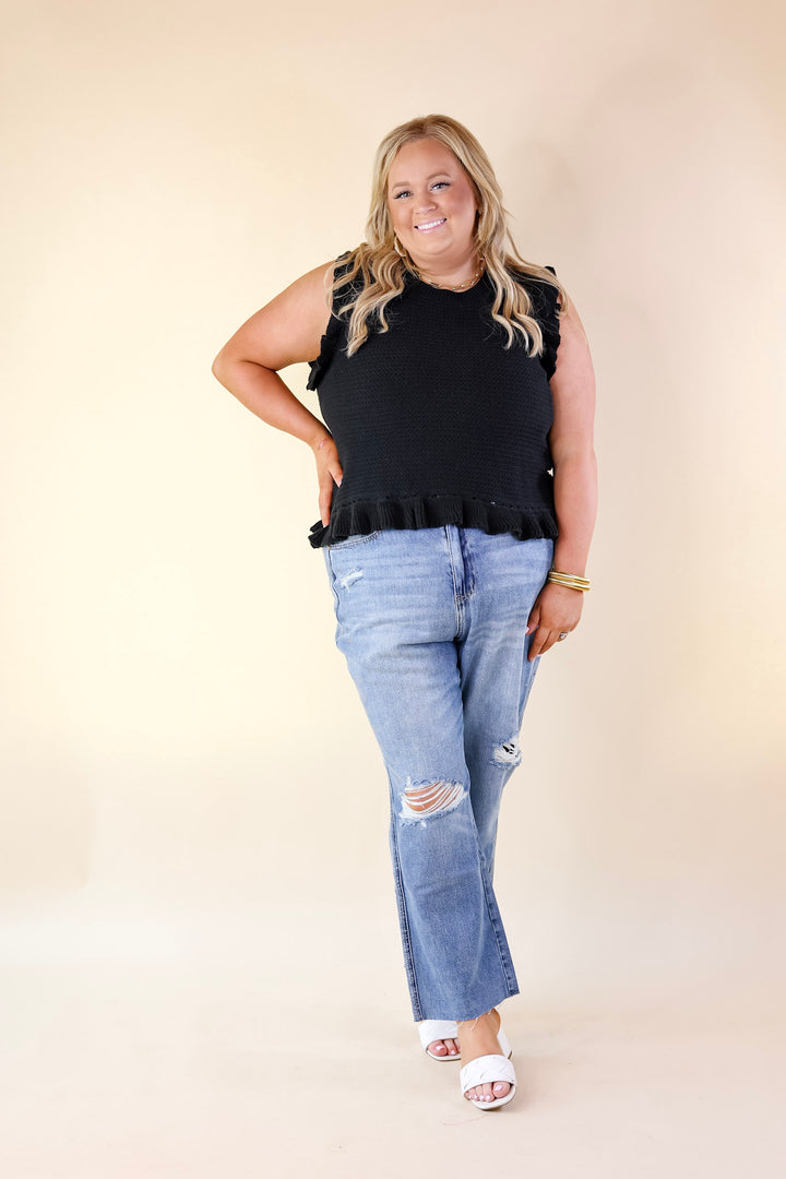 Breezy Baby Cropped Sweater with Ruffle Cap Sleeves in Black - Giddy Up Glamour Boutique