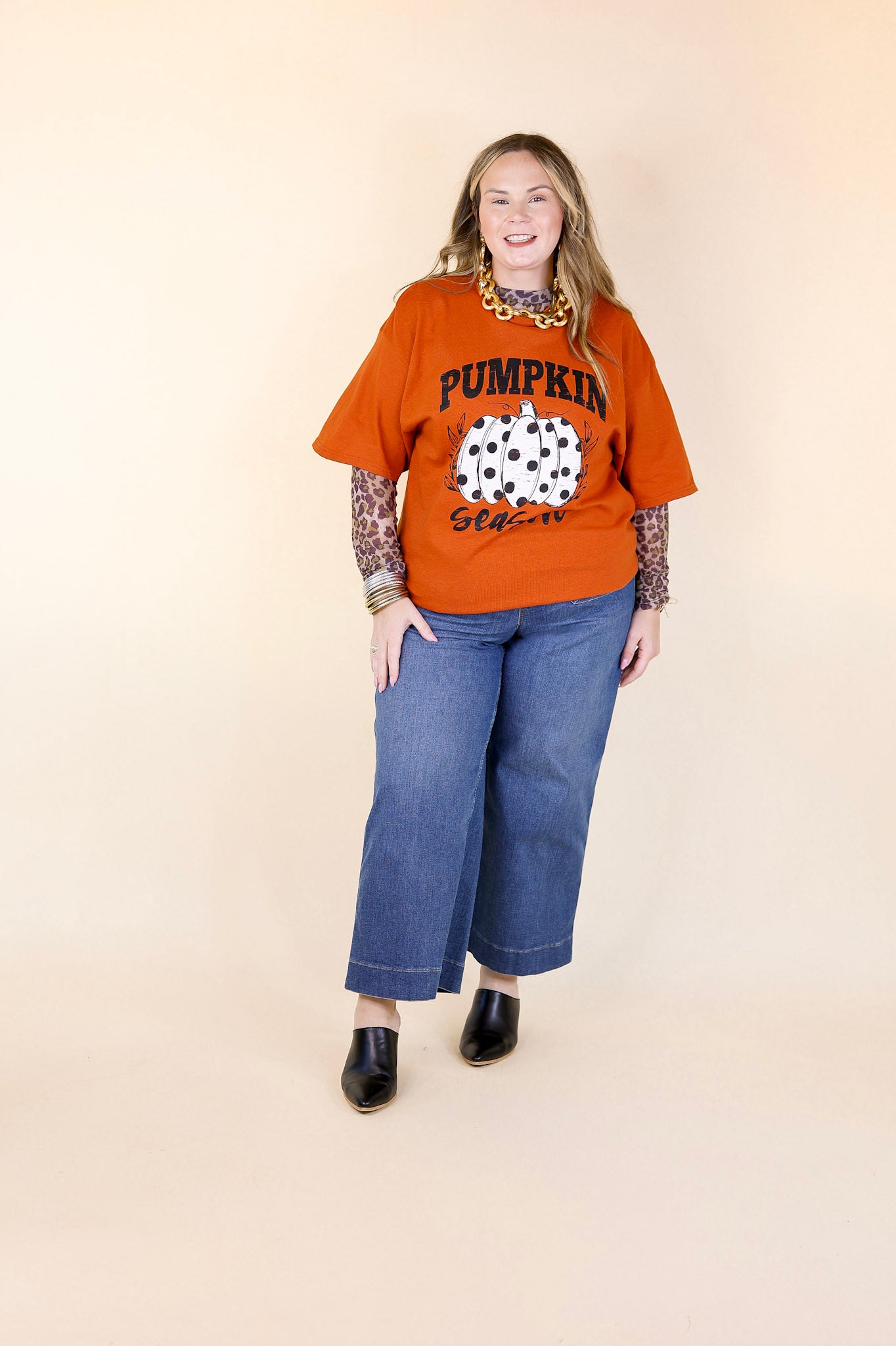 Polka Dot Pumpkin Season Short Sleeve Graphic Tee in Burnt Orange