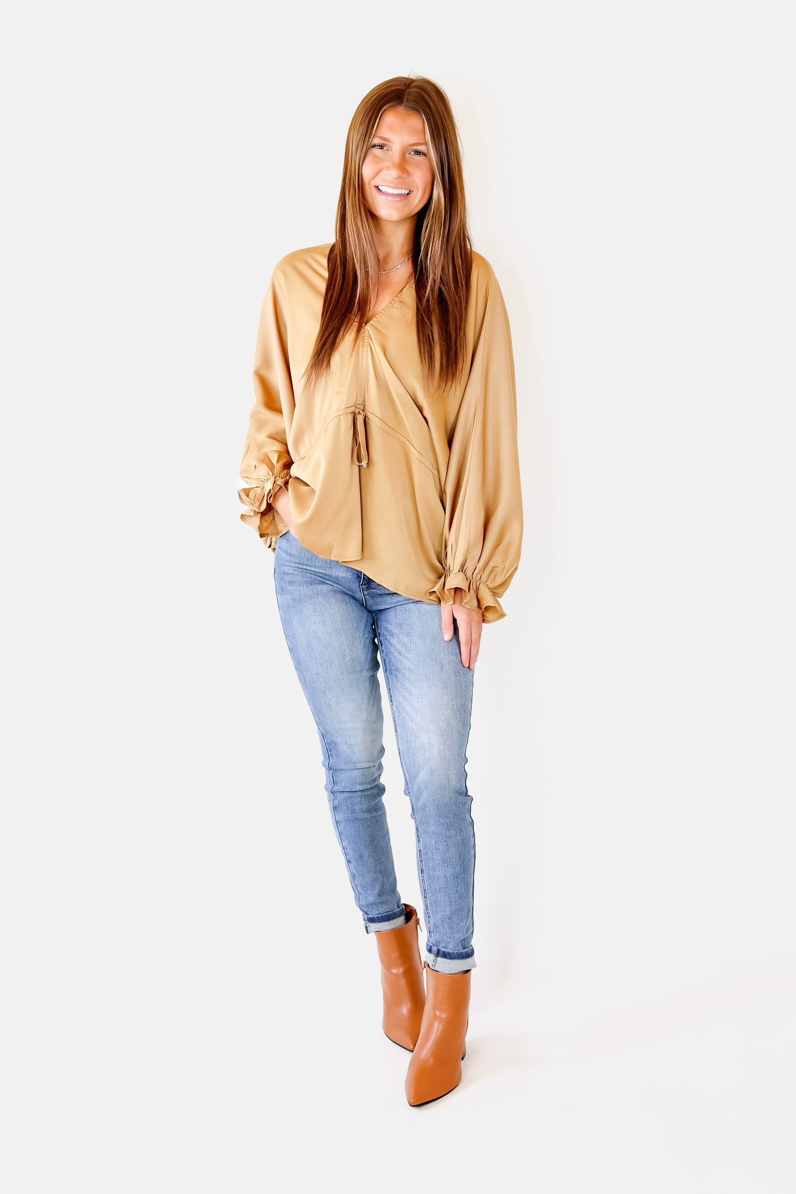 Stating Facts Satin Top with Drawstring Waist in Gold - Giddy Up Glamour Boutique