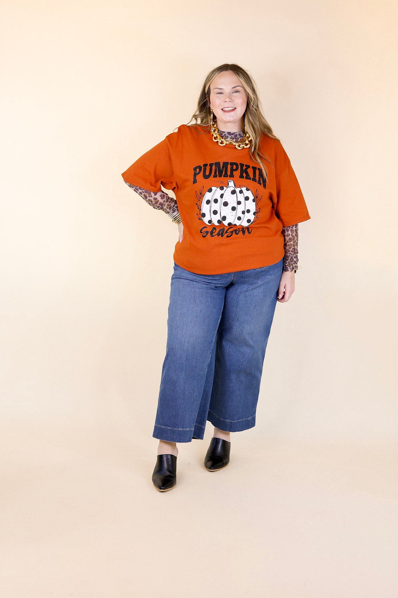 Polka Dot Pumpkin Season Short Sleeve Graphic Tee in Burnt Orange