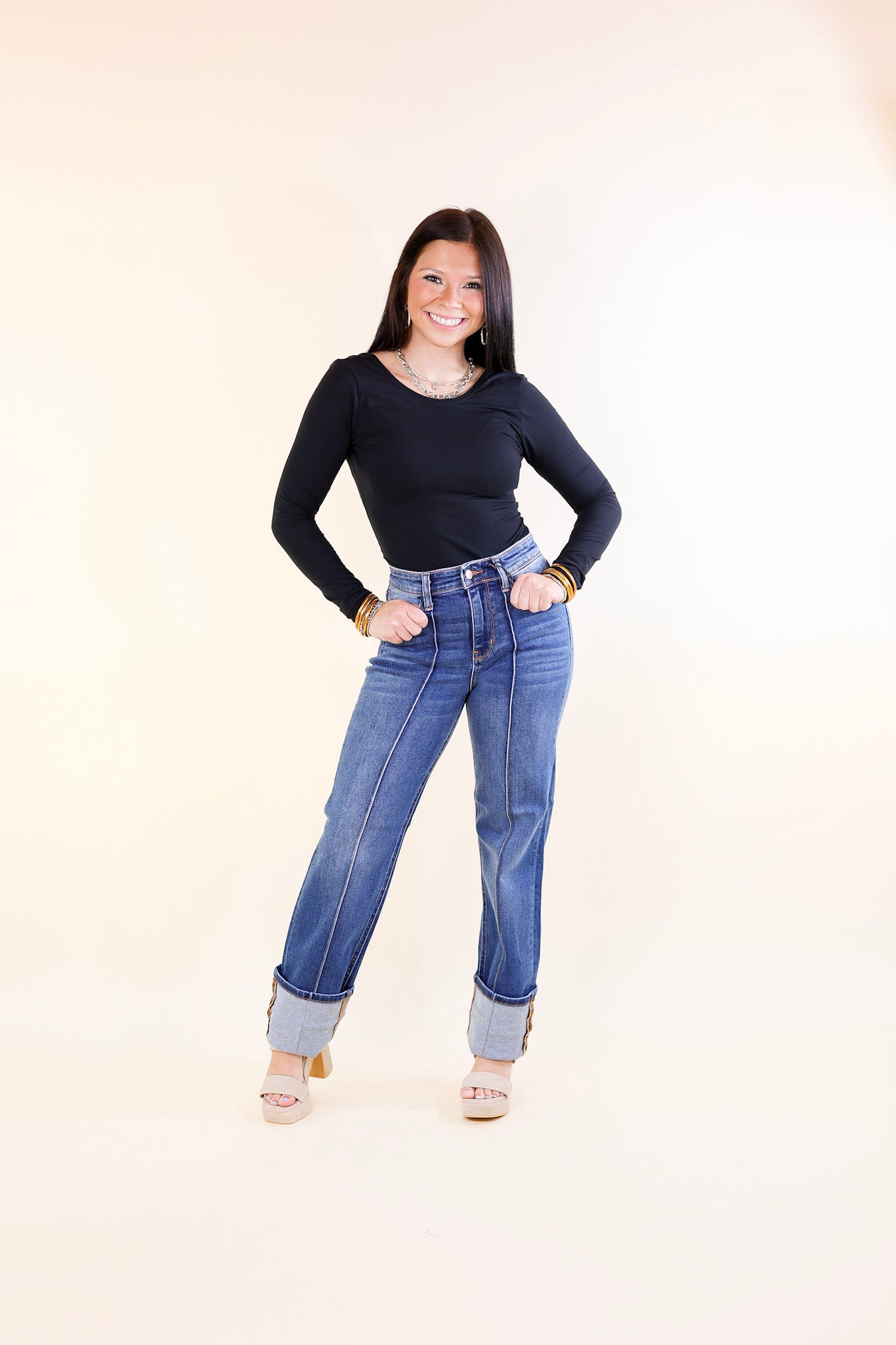 Judy Blue | Elevated Line High Waisted Straight Leg Jean with Seam Detail in Medium Wash