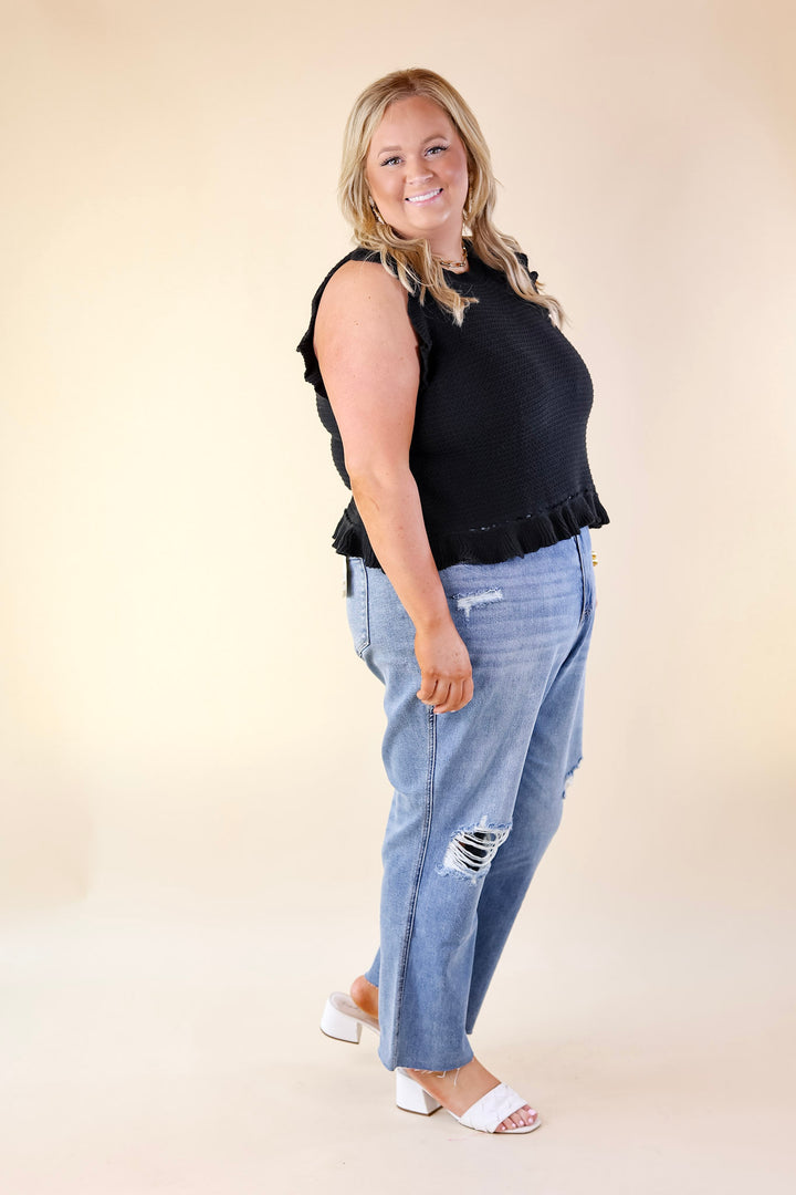 Breezy Baby Cropped Sweater with Ruffle Cap Sleeves in Black - Giddy Up Glamour Boutique