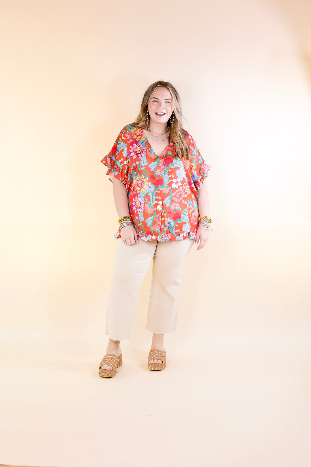 Blissful Mindset Floral V Neck Top with Short Ruffle Sleeves in Orange