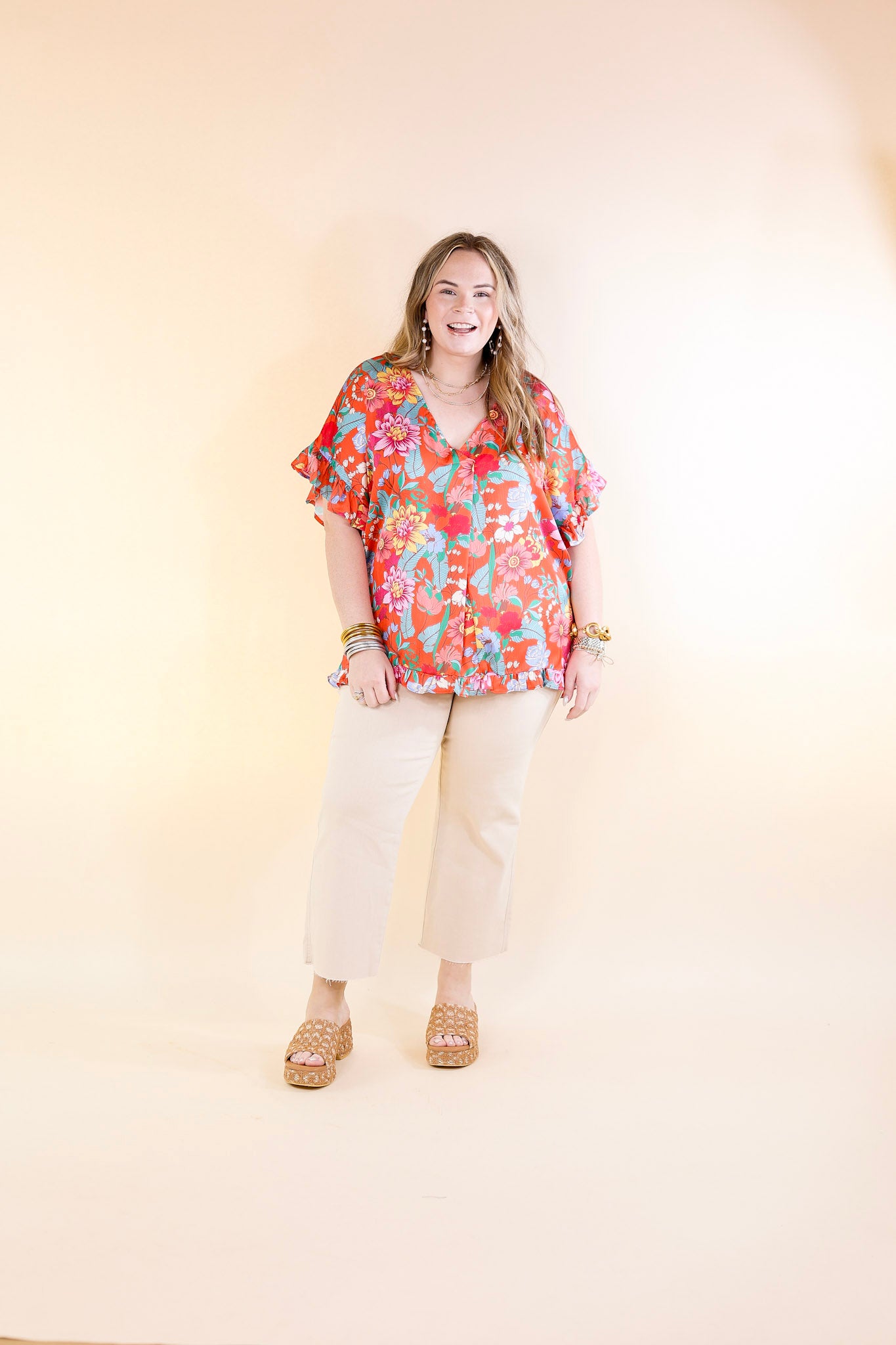 Blissful Mindset Floral V Neck Top with Short Ruffle Sleeves in Orange