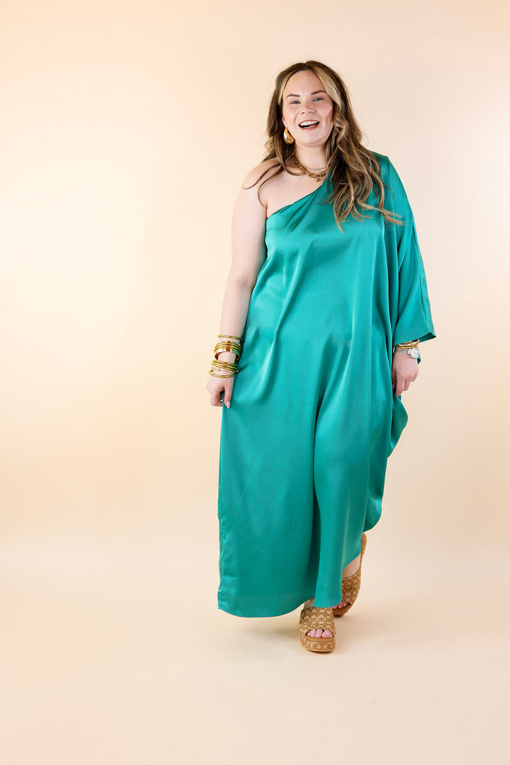 Sweet Romance One Shoulder Satin Drape Midi Dress in Turquoise - Giddy Up Glamour Boutique