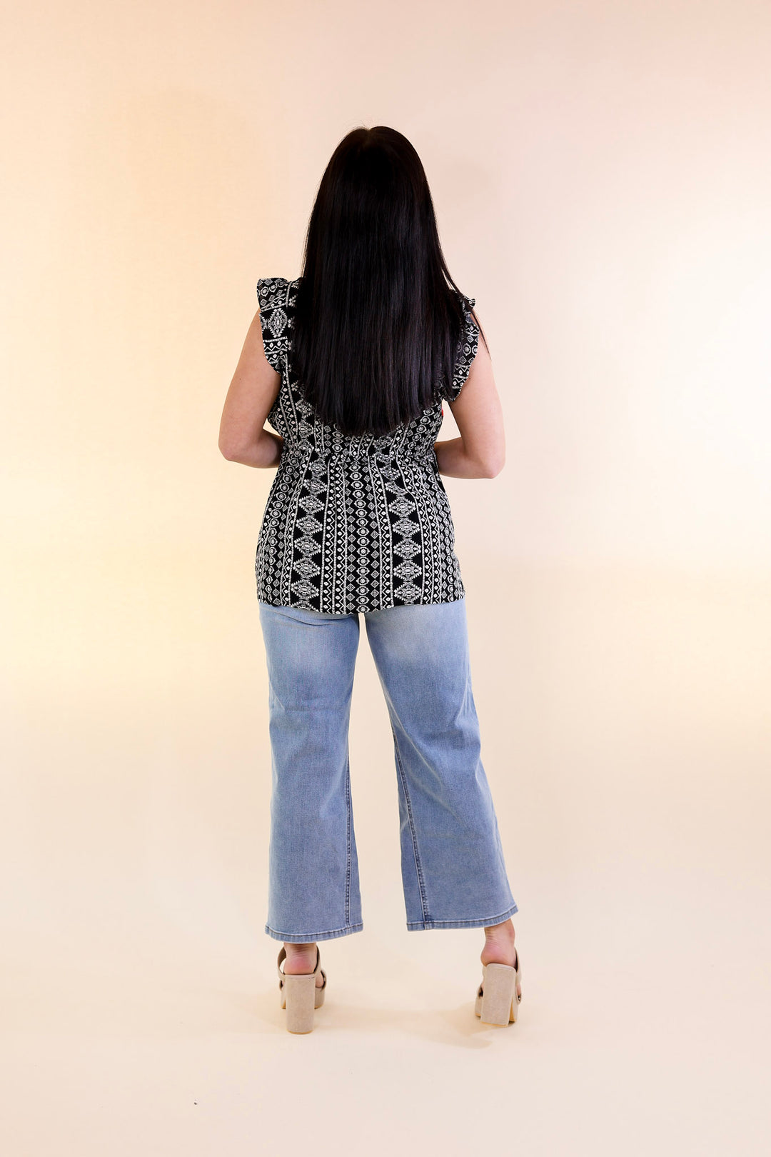 Last Chance Size Small | For A Season Floral Embroidered Tribal Print Tank Top in Black