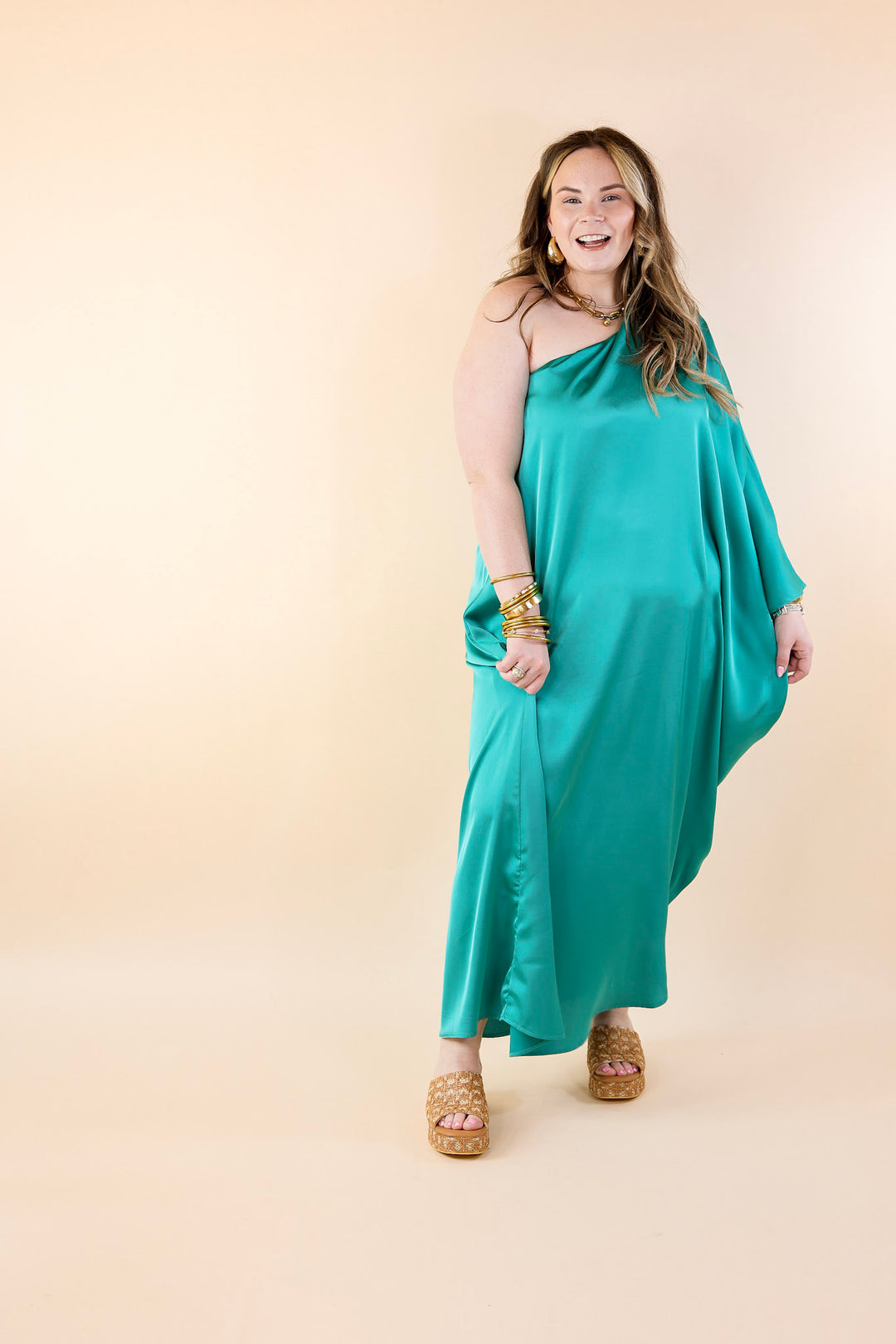 Sweet Romance One Shoulder Satin Drape Midi Dress in Turquoise - Giddy Up Glamour Boutique