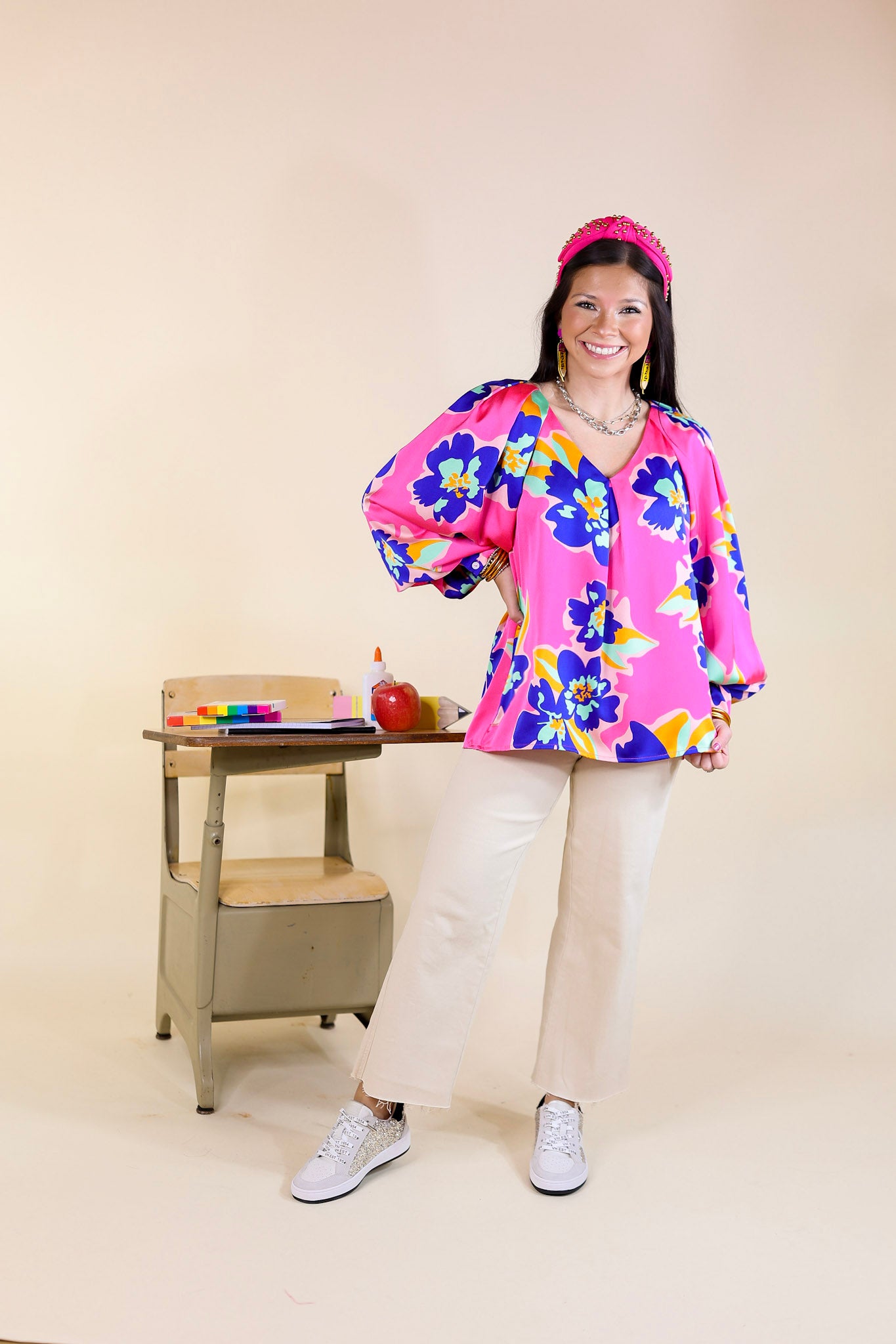 Peony Path Long Sleeve Floral Top with V Neckline in Pink