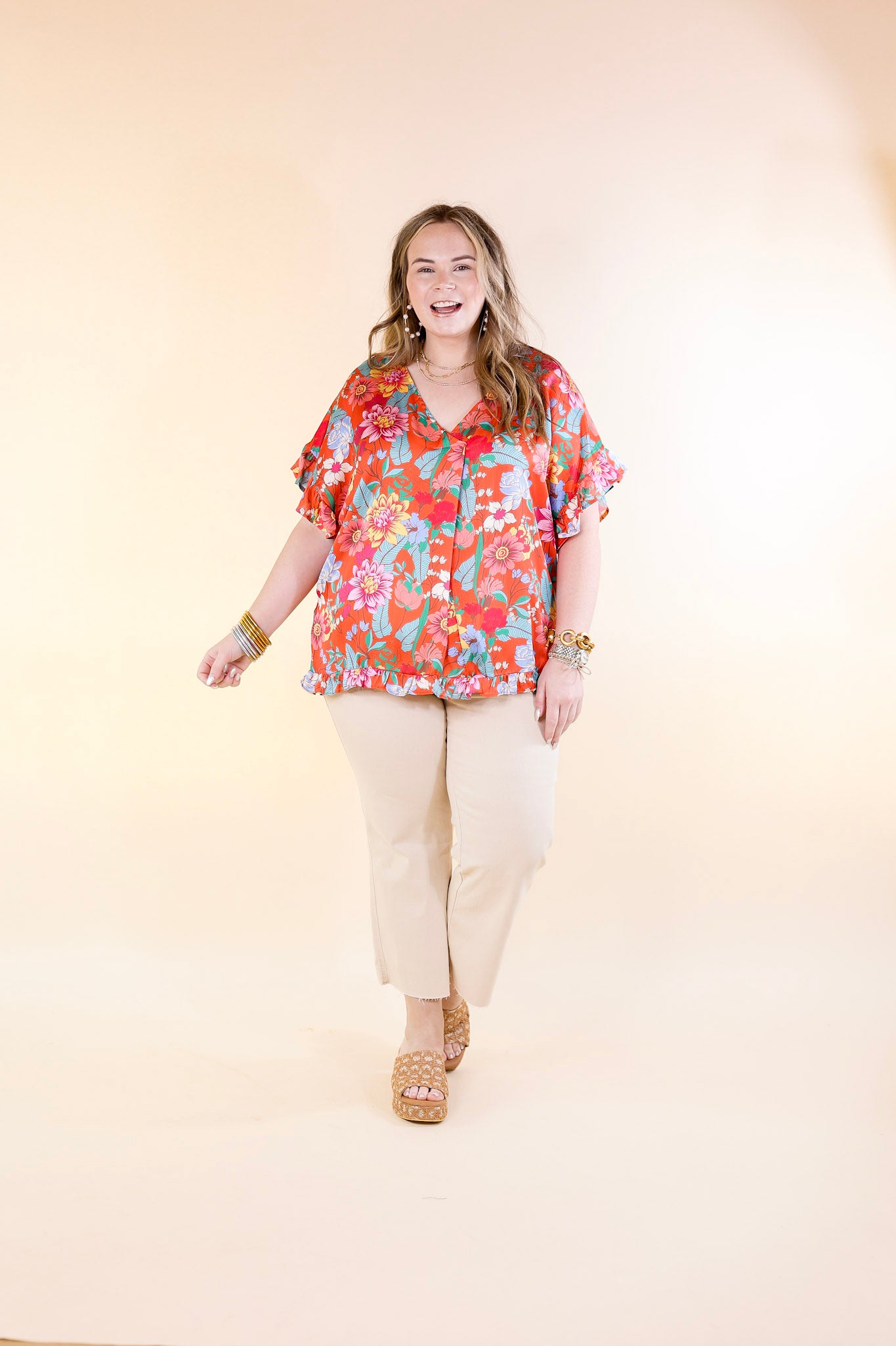 Blissful Mindset Floral V Neck Top with Short Ruffle Sleeves in Orange