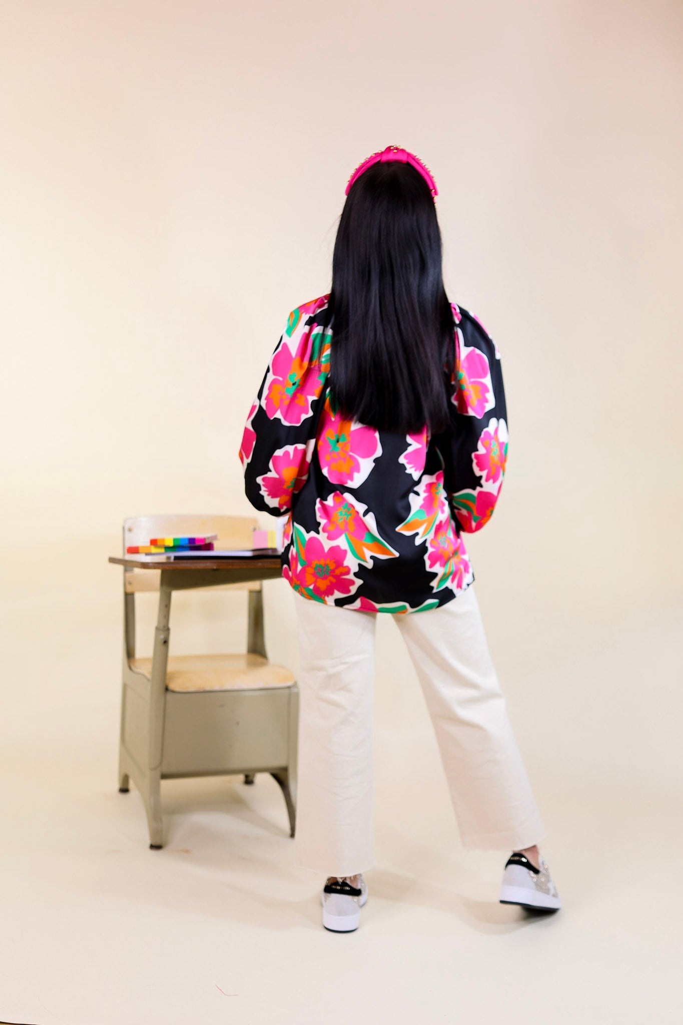 Peony Path Long Sleeve Floral Top with V Neckline in Black