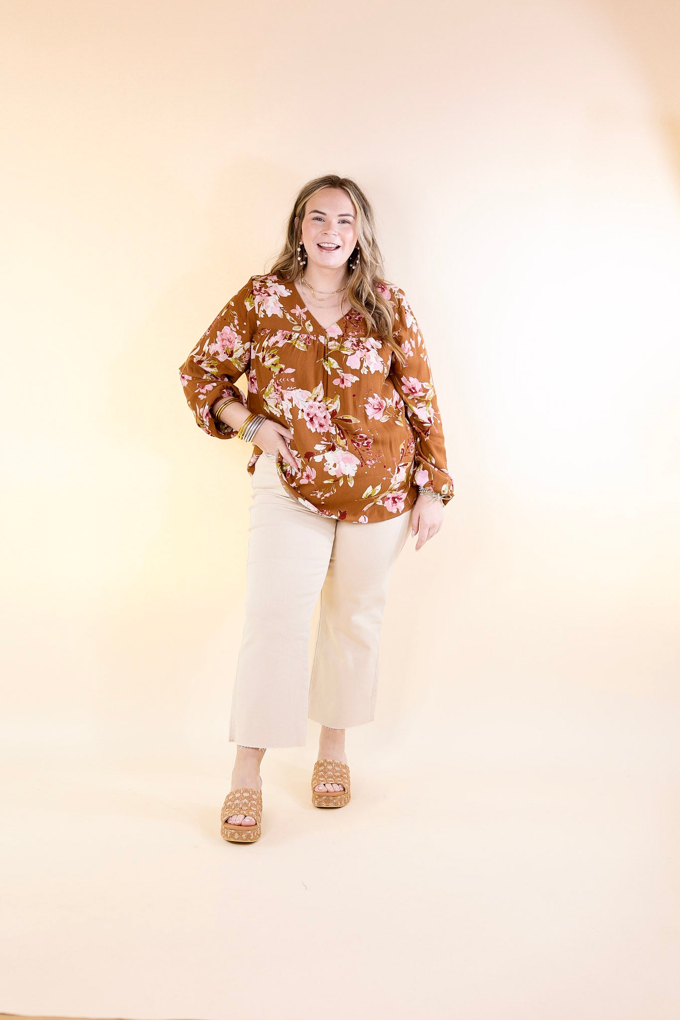 Fall In The City Floral V Neck Top with Long Sleeves in Camel Brown