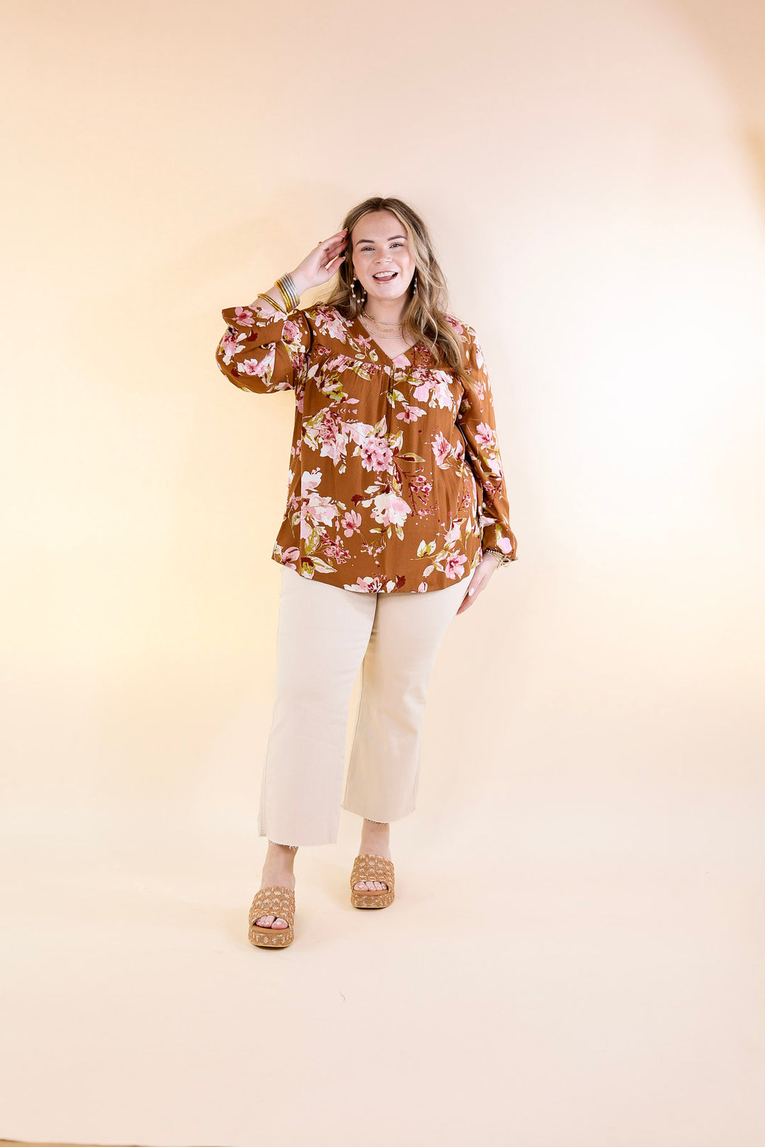 Last Chance Size Small, Medium | Fall In The City Floral V Neck Top with Long Sleeves in Camel Brown