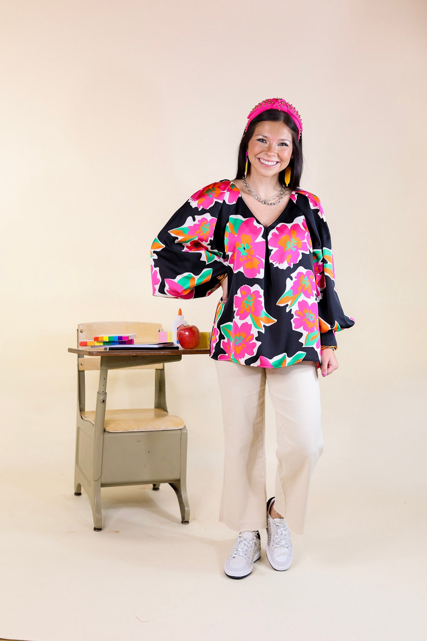 Peony Path Long Sleeve Floral Top with V Neckline in Black