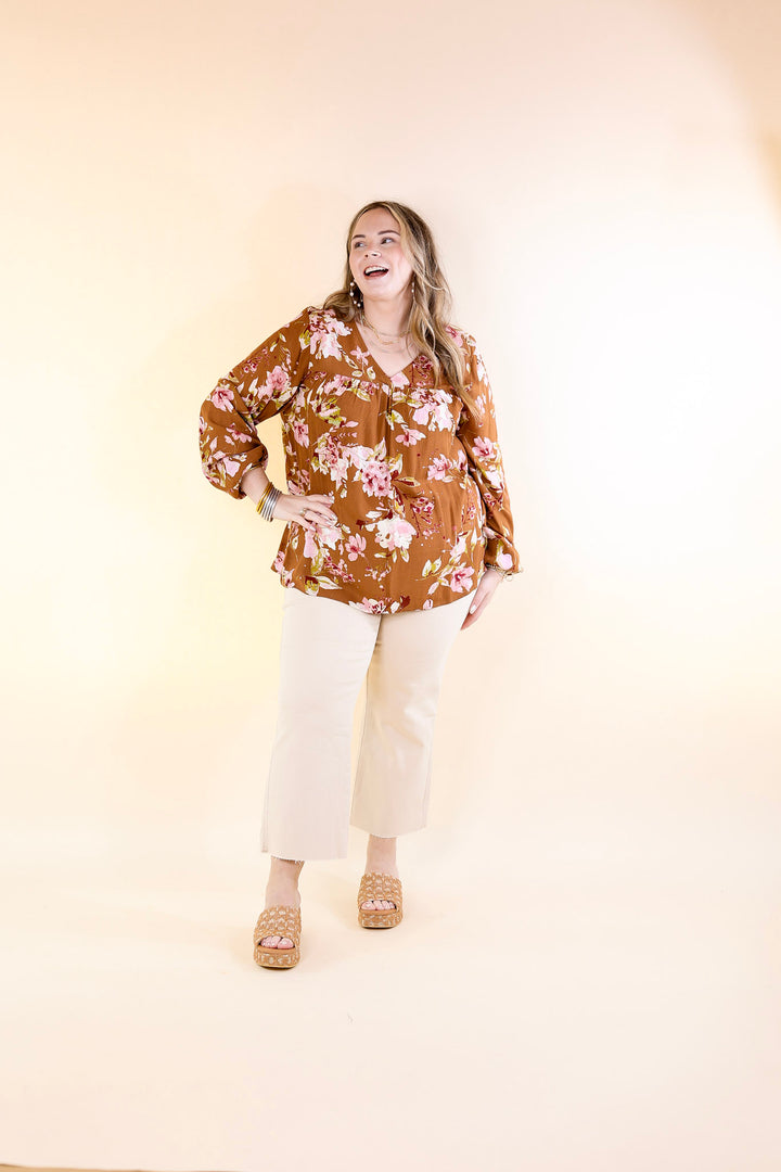 Last Chance Size Small, Medium | Fall In The City Floral V Neck Top with Long Sleeves in Camel Brown