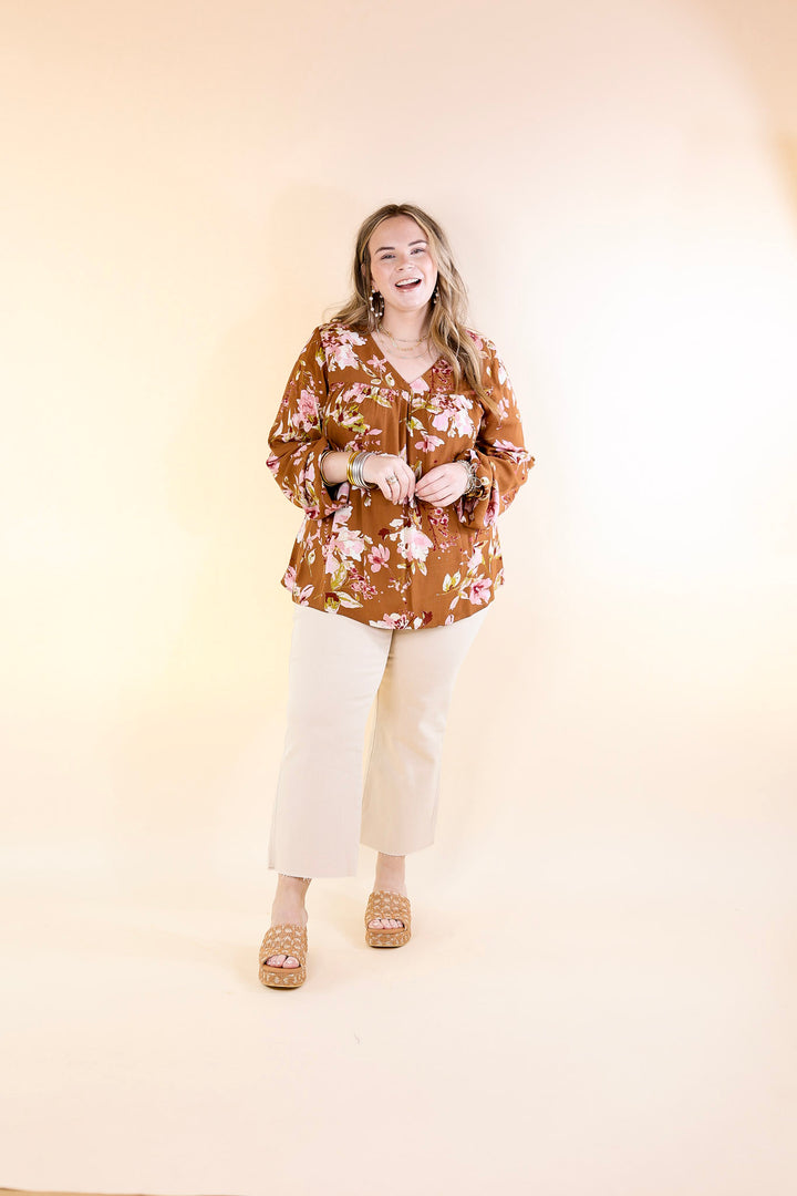 Last Chance Size Small, Medium | Fall In The City Floral V Neck Top with Long Sleeves in Camel Brown