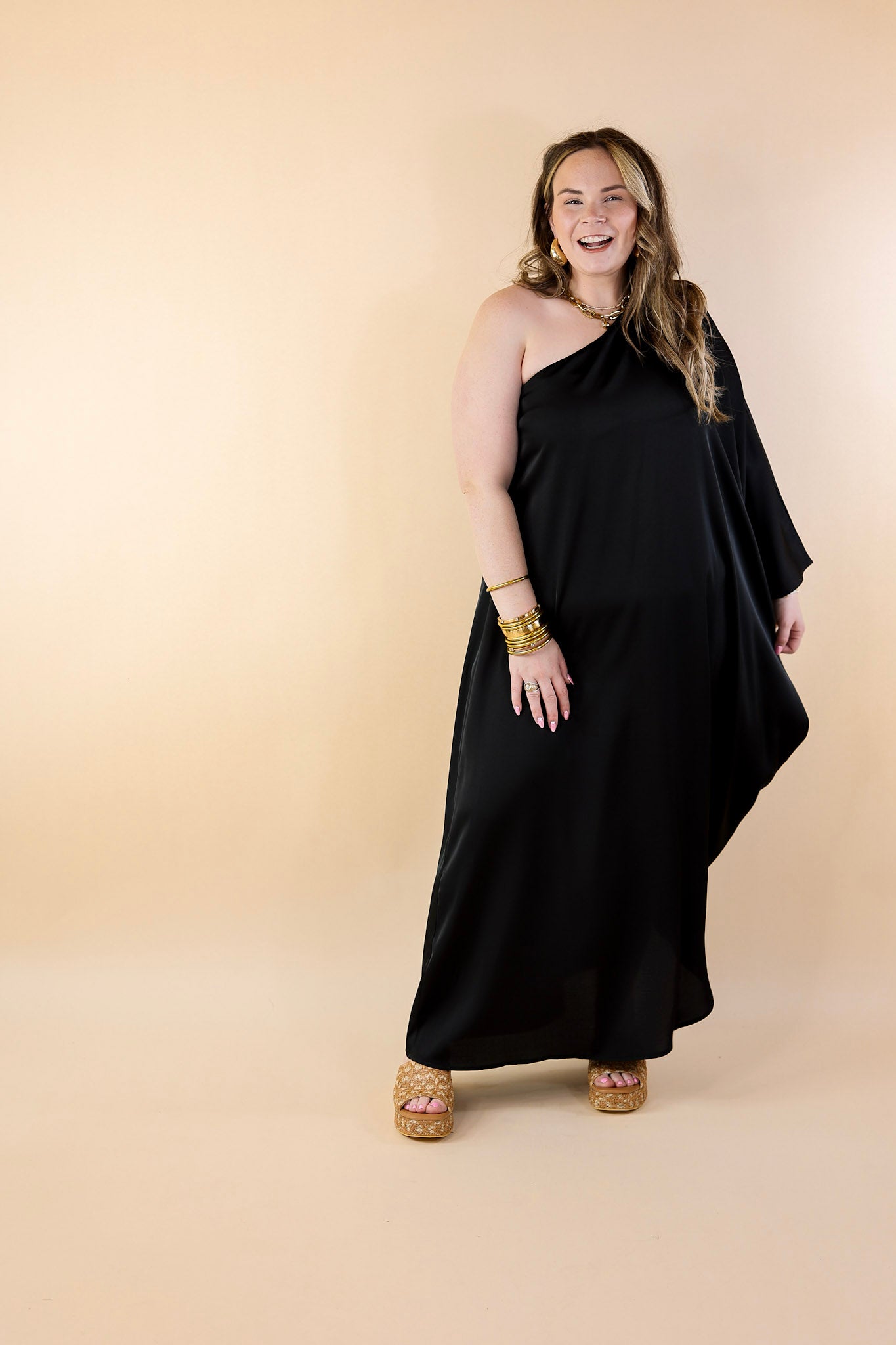 Sweet Romance One Shoulder Satin Drape Midi Dress in Black - Giddy Up Glamour Boutique