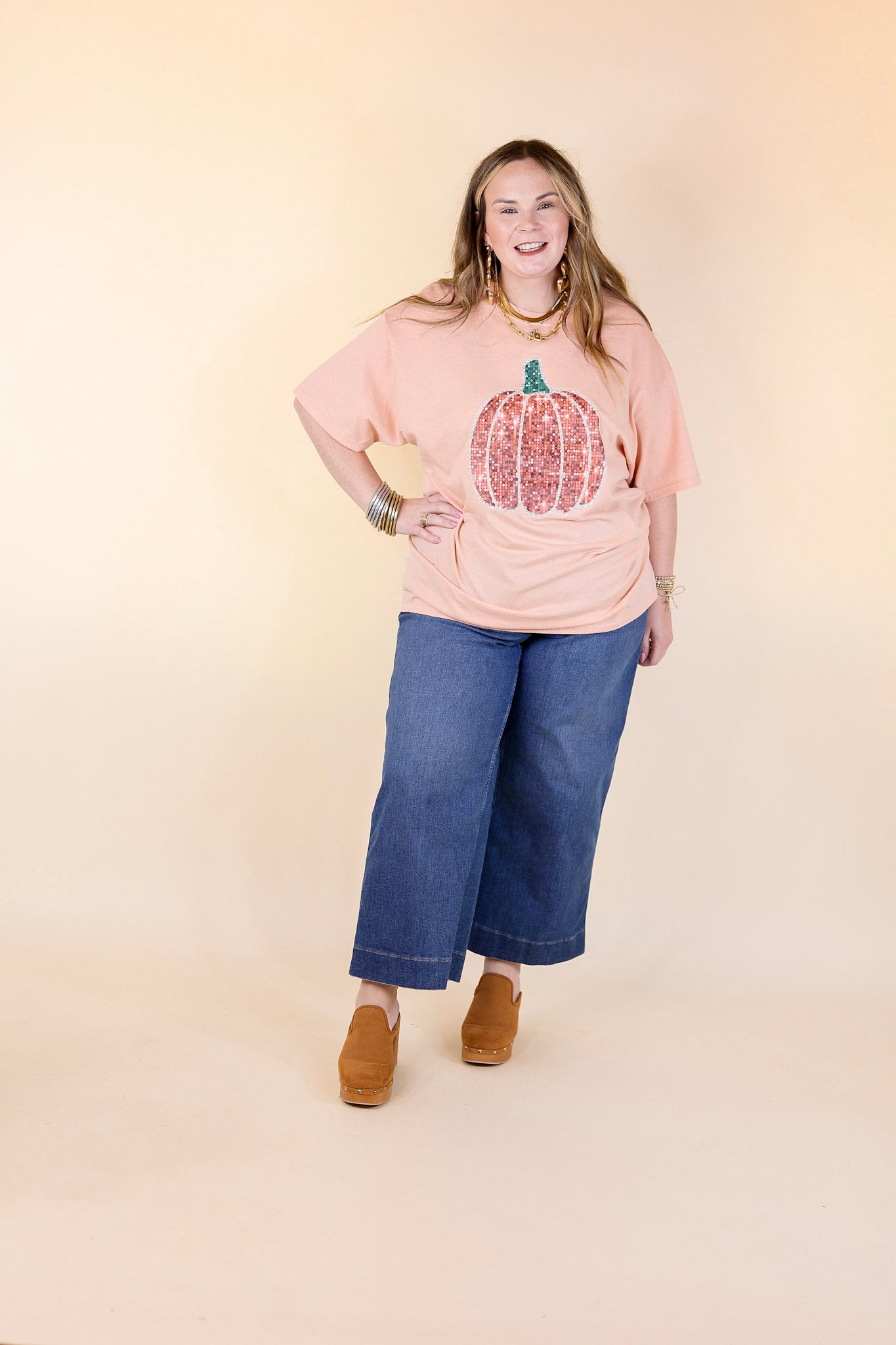 Sparkly Pumpkin Short Sleeve Faux Sequin Graphic Tee in Dusty Coral Orange