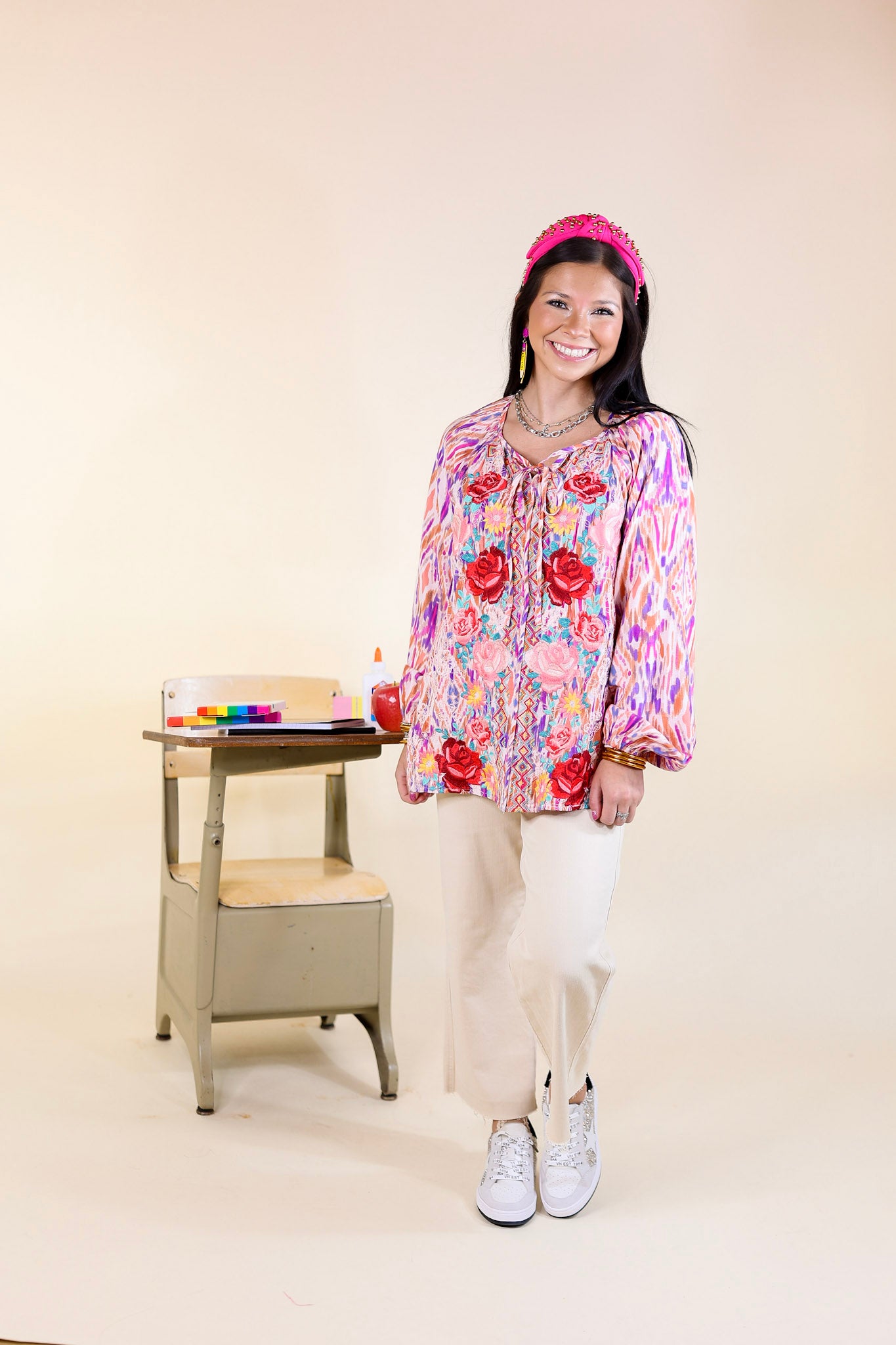 Chic Enchantment Long Sleeve Multi Color Top with Floral Embroidery