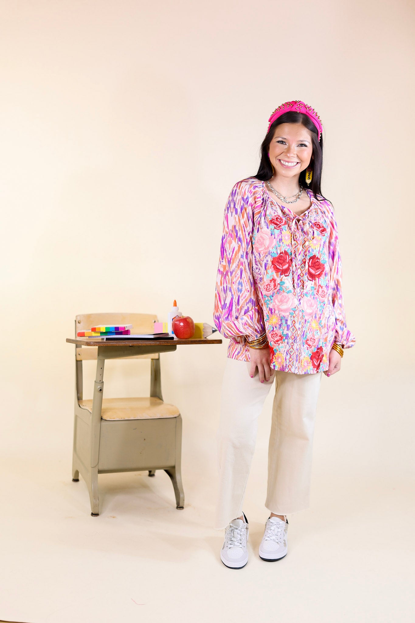 Chic Enchantment Long Sleeve Multi Color Top with Floral Embroidery